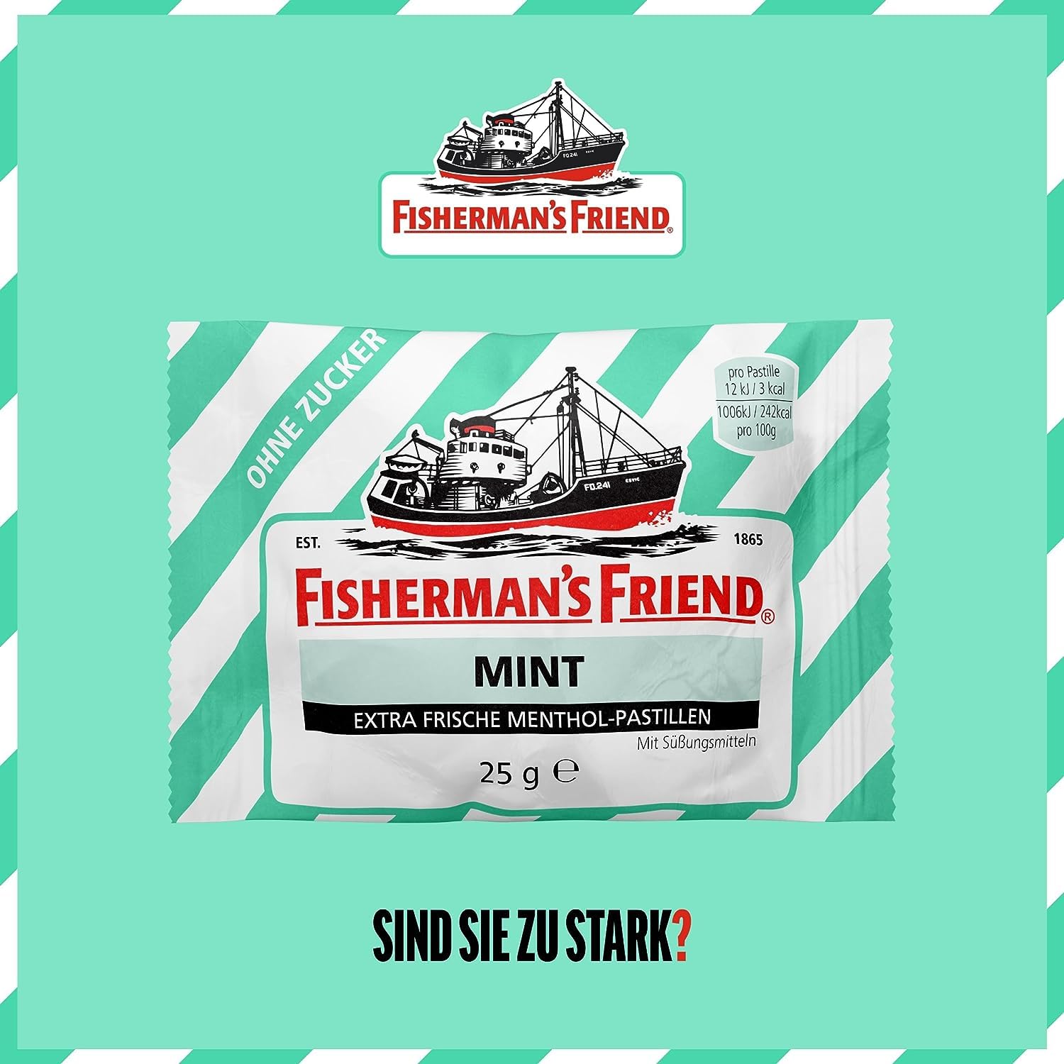 Fisherman's Friend Mint, 24er Vorratsbox, Pfefferminze und Menthol Geschmack, zuckerfrei & vegan, Bonbons für frischen Atem, 24 x 25g