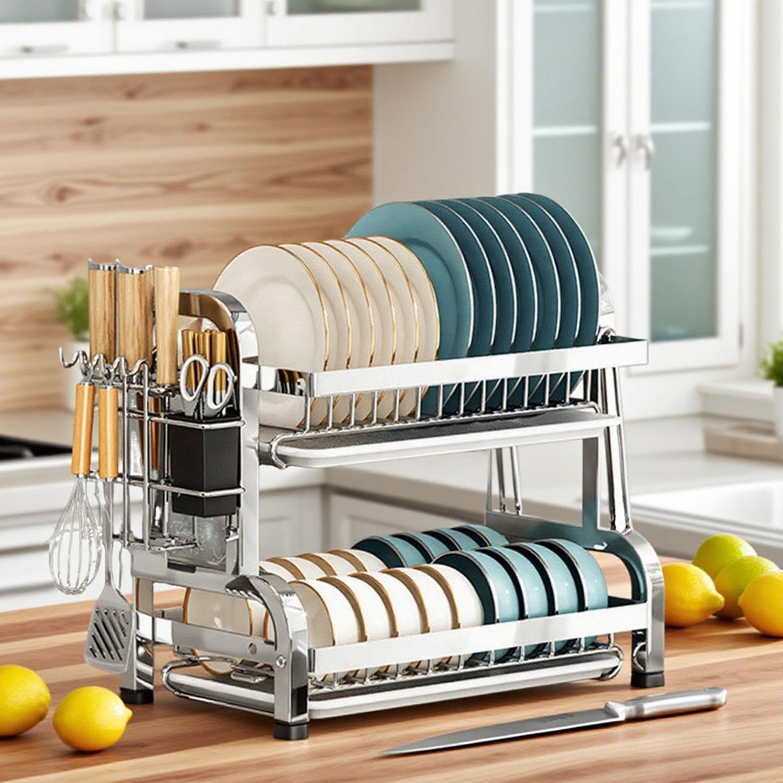 Escurridor de Platos, Soporte para Tazas con Escurridor, Encimera de Cocina, Acero Inoxidable, Bandeja Antigoteo Práctica, Organizador de Platos, 43 cm x 23,5 cm x 39 cm
