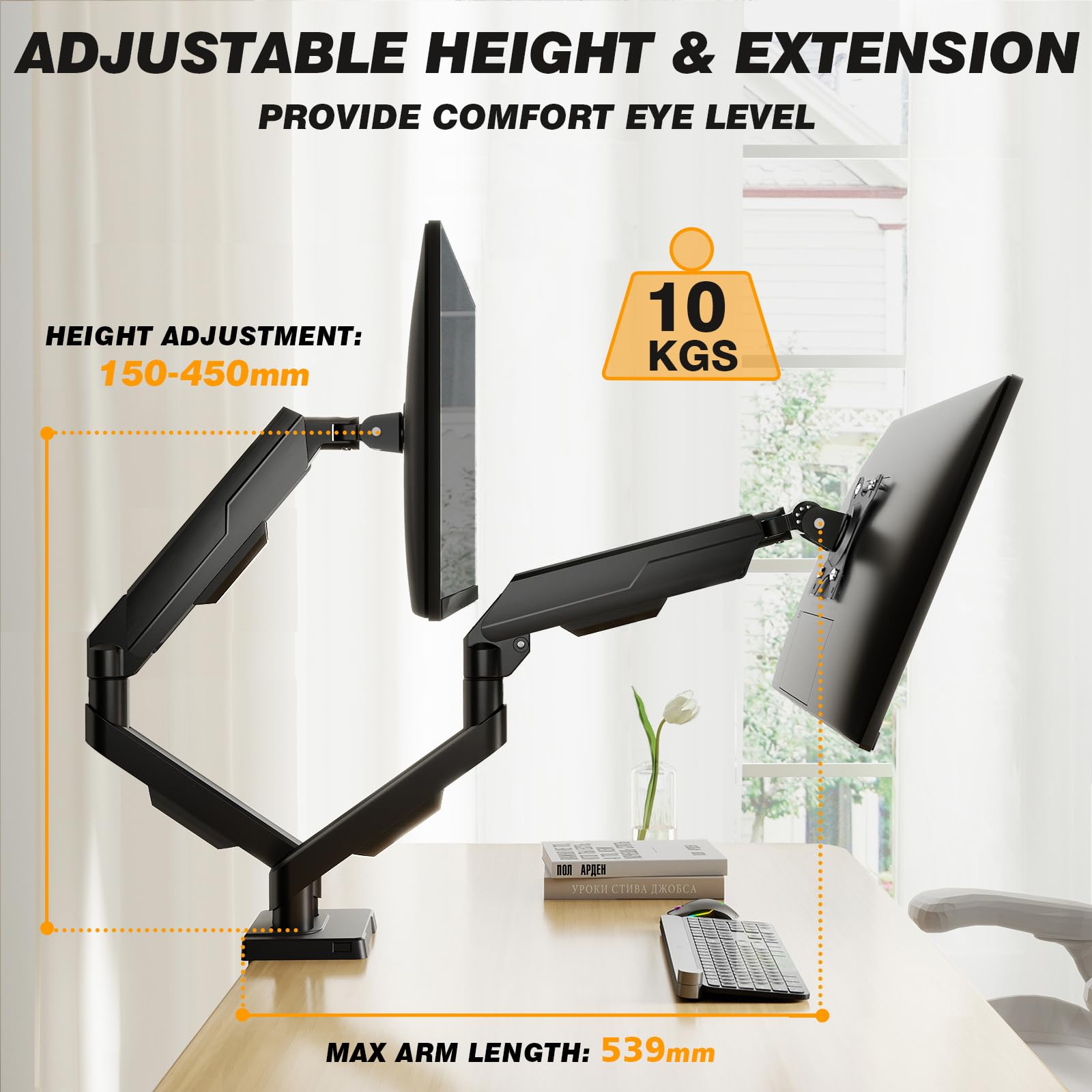 TVON Support Ecran PC 2 Ecran de 17 à 35 Pouces Bras Ecran PC Réglable en Hauteur avec Inclinaison Rotation Swivel VESA 75/100mm Capacite de Charge 2-10kg