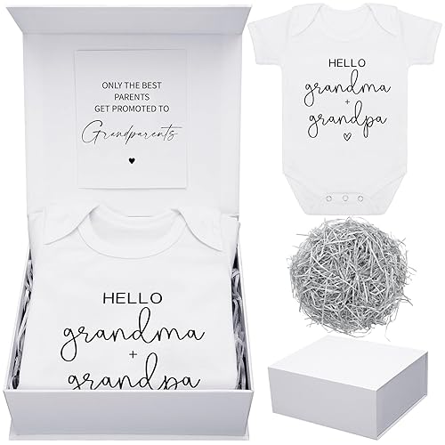 Shyyween 4 Pcs Pregnancy Announcement for Grandparents, Hello Grandpa Grandma Baby Bodysuit, Hello Grandparents Pregnancy Reveal Card Baby Reveal Gift Box Baby Announcement Gifts Set for Grandparents