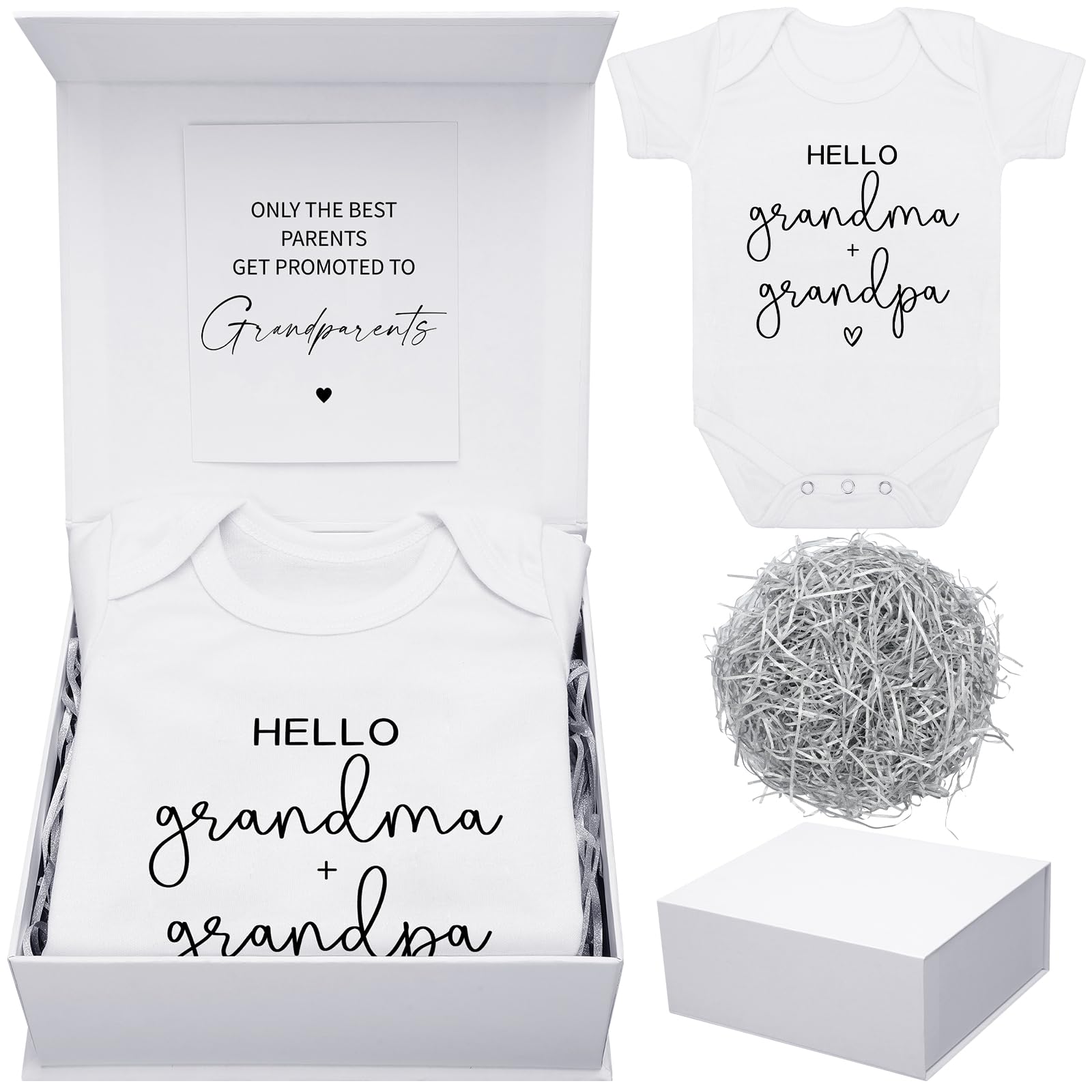 Shyyween 4 Pcs Pregnancy Announcement for Grandparents, Hello Grandpa Grandma Baby Bodysuit, Hello Grandparents Pregnancy Reveal Card Baby Reveal Gift