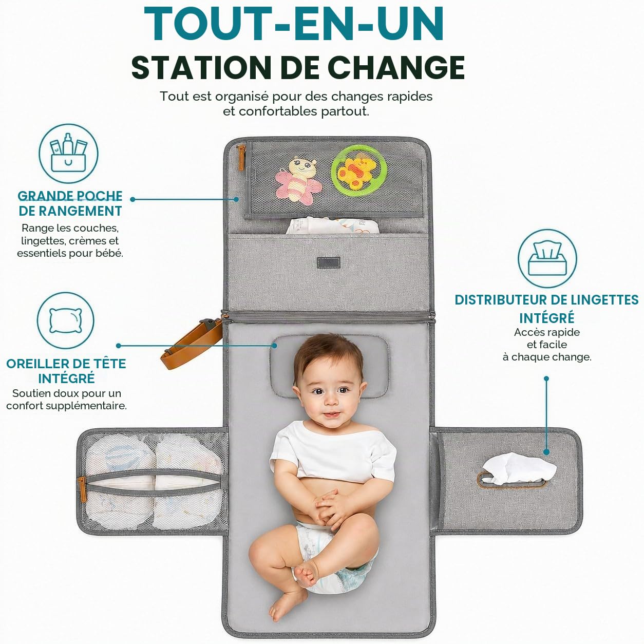 Sac à langer Baby Doyli Voyage XL | Matelas à langer pliable | Gris | 6 pockets for diapers, wipes, and keys with a harness to hang anywhere easily