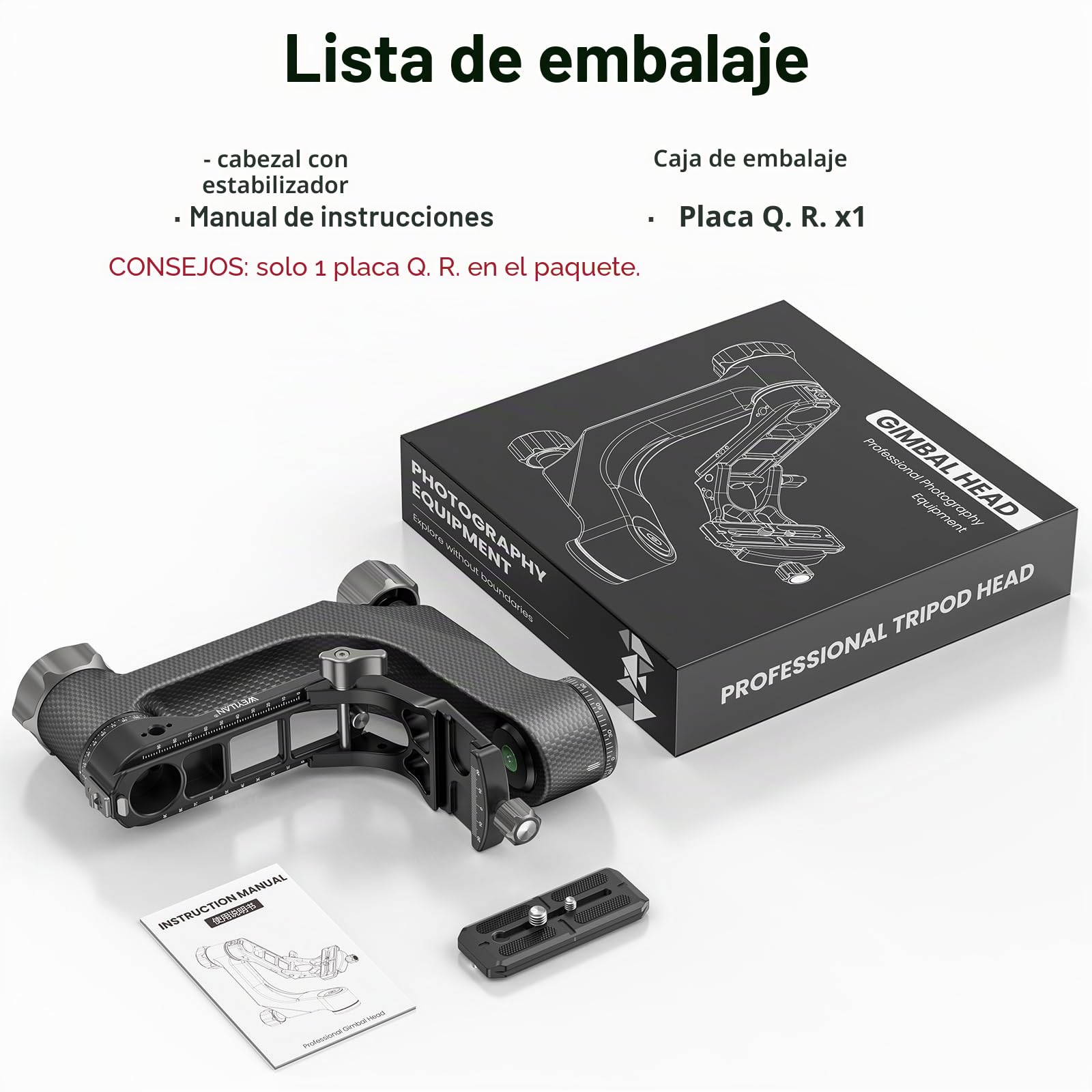 WEYLLAN Cabezal de Trípode de Cardán, Gimbal Head de 360°, Cabezal Trípode Profesional de Fibra Carbono, con Placa de Liberación Rápida Arca-Swiss de 1/4'' y 3/8'', Carga Máxima 20kg para Cámara DSLR