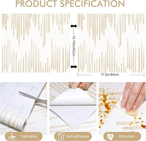 Miniatura 2 de Papel tapiz beige de 17.3 x 120 pulgadas, moderno papel de pared a rayas para despegar y pegar, papel de contacto autoadhesivo extraíble para