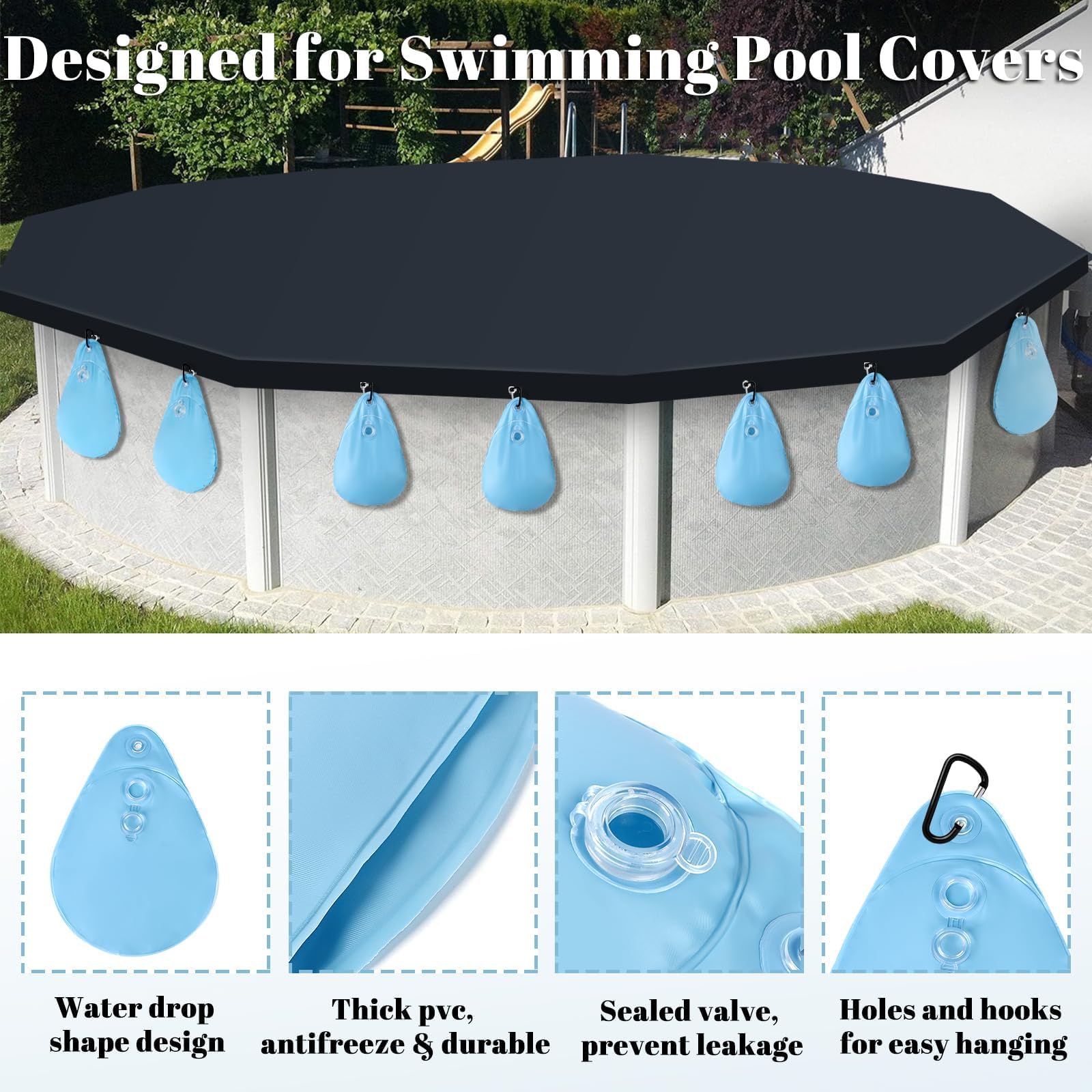 Sacs d'eau Lourds pour Couverture de Piscine, 8 Pièces Sacs d'eau de Piscine PVC, Poids de Couverture de Piscine avec Crochets, Poids pour Abris de Piscine Enterrés