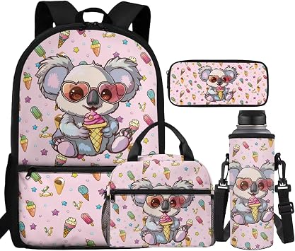 Girls Backpack with Lunch Box, Ice Cream Koala Design Elementary School Backpacks for Kids Age 8-12 Cute Bookbags with Lunch Bag, Pencil Case, Water Bottle Sleeve