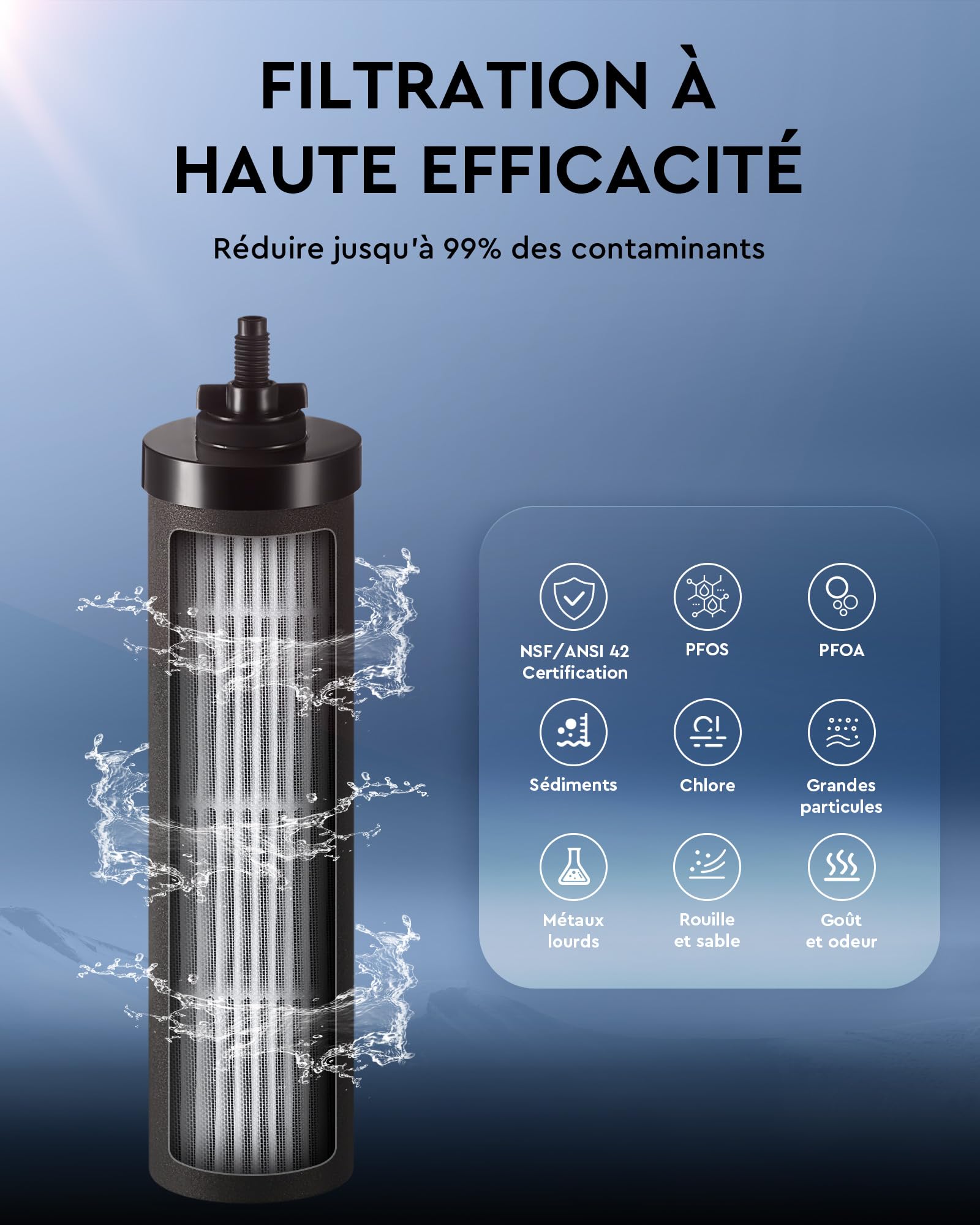 CO-Z 8,5L Système de Filtration d'Eau par Gravité en Acier Inoxydable 304 Purificateur d'Eau avec 2 Filtres à Carbone Robinet d'Eau Support Inclus, Certification NSF/ANSI 42
