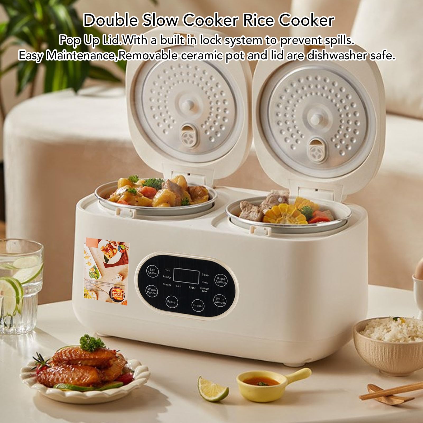 Doppelter Slow Cooker, Timer -Funktion, 2 -up -Deckel, Multifunktionaler Kochtopf, Buffetserver, Dual für die Sammelparty -Sammlung (EU-Stecker 220V)