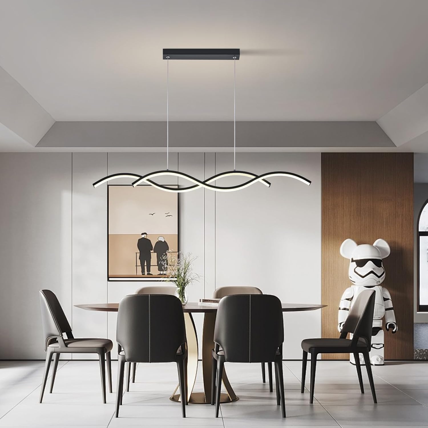 Modern LED Chandelier 31.49in Waving Linear Pendant Light Dimmable 3000K-6000K with Remote Control Hanging Island Light Fixture for Dining Room Living Room