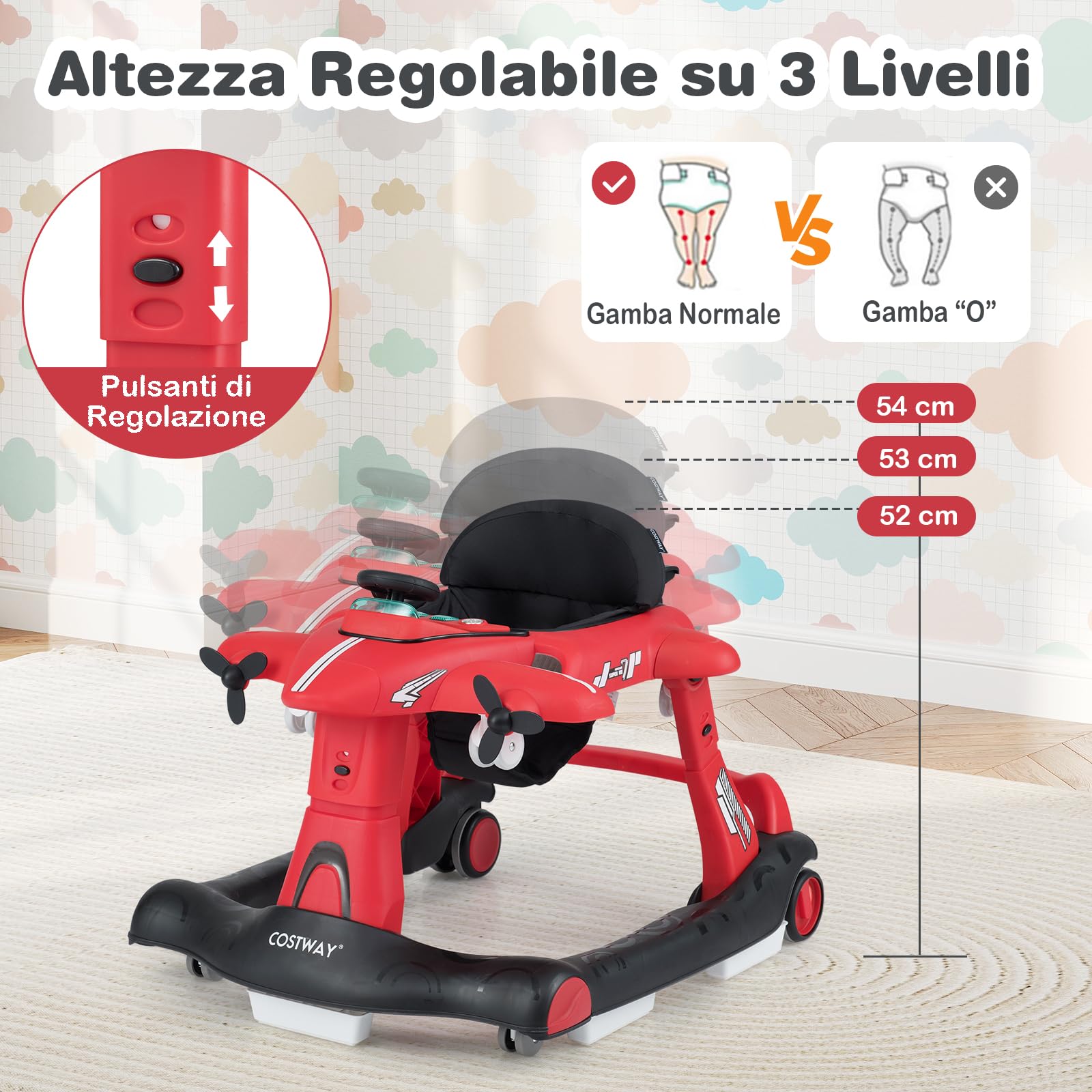RELAX4LIFE Girello per Bambini 6-in-1, con Altezza e Velocità Regolabili, Seggiolino Imbottito, Musica, Luci, Ruote, a Aeroplano, Giocattolo per Bambini di 6-18 Mesi (ROSSO)
