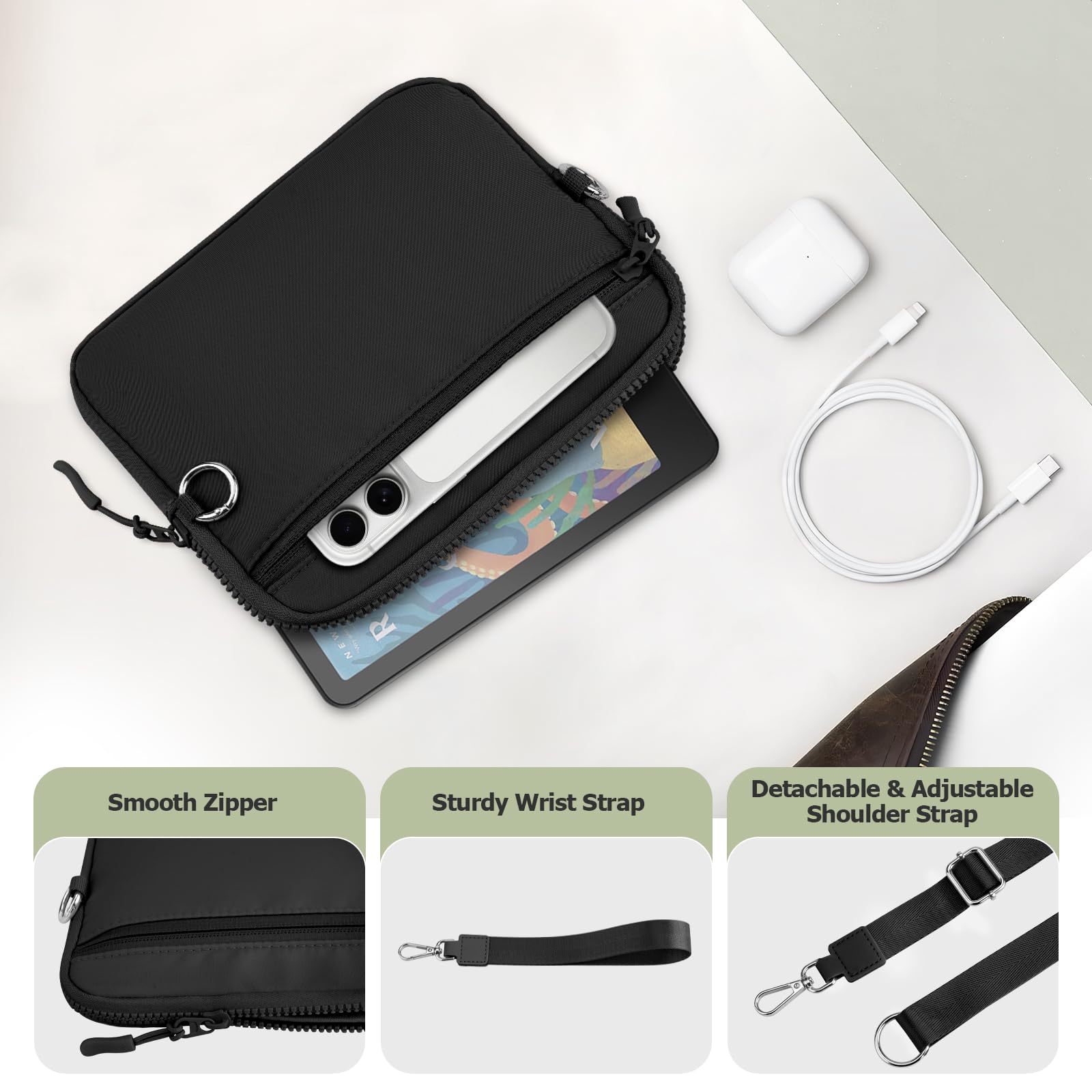 Dadanism Custodia Protettiva Imbottita con Tracolla e Cinturino da Polso per 7" Kindle Paperwhite/Colorsoft, 6" Kindle/Kobos/Nook, Slot per Schede con Blocco RFID, Nero