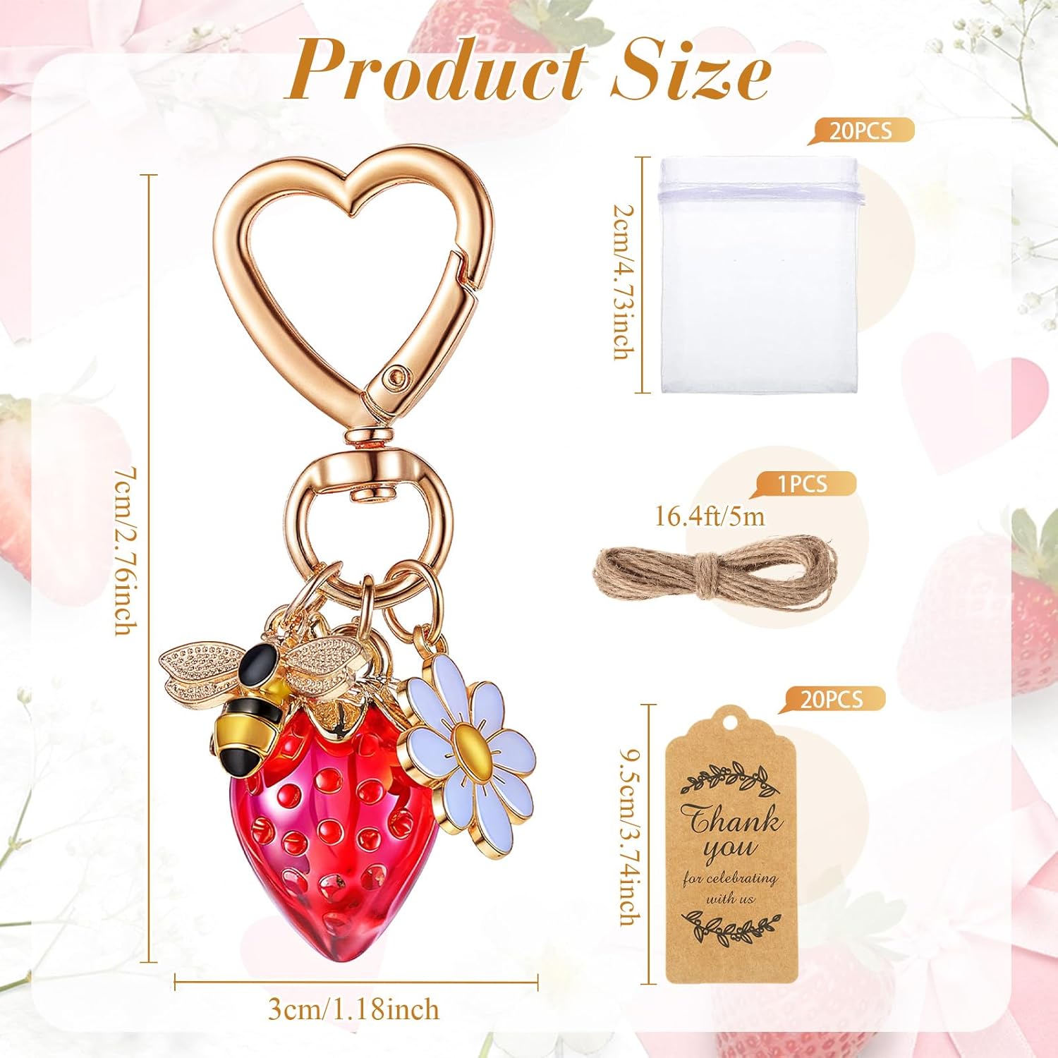 Ecation 20 Set Strawberry Keychain Party Favor Gift Set for Women Cute Key Chain Bag Charm Accessories with Thank You Card