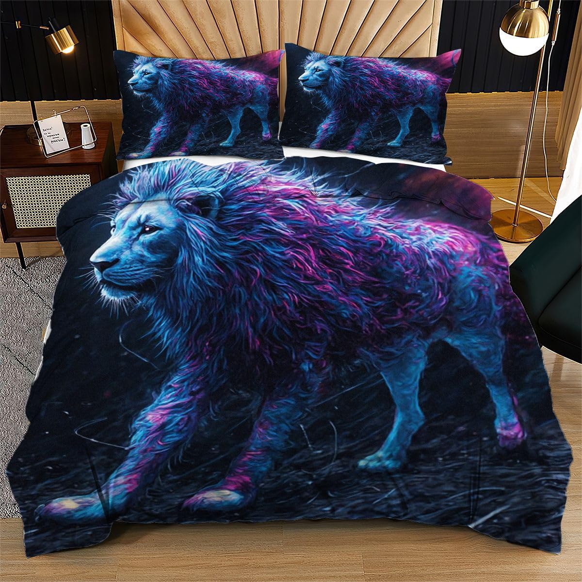 Housse de couette 240x260 lion coloré anti-glissement avec fermeture éclair