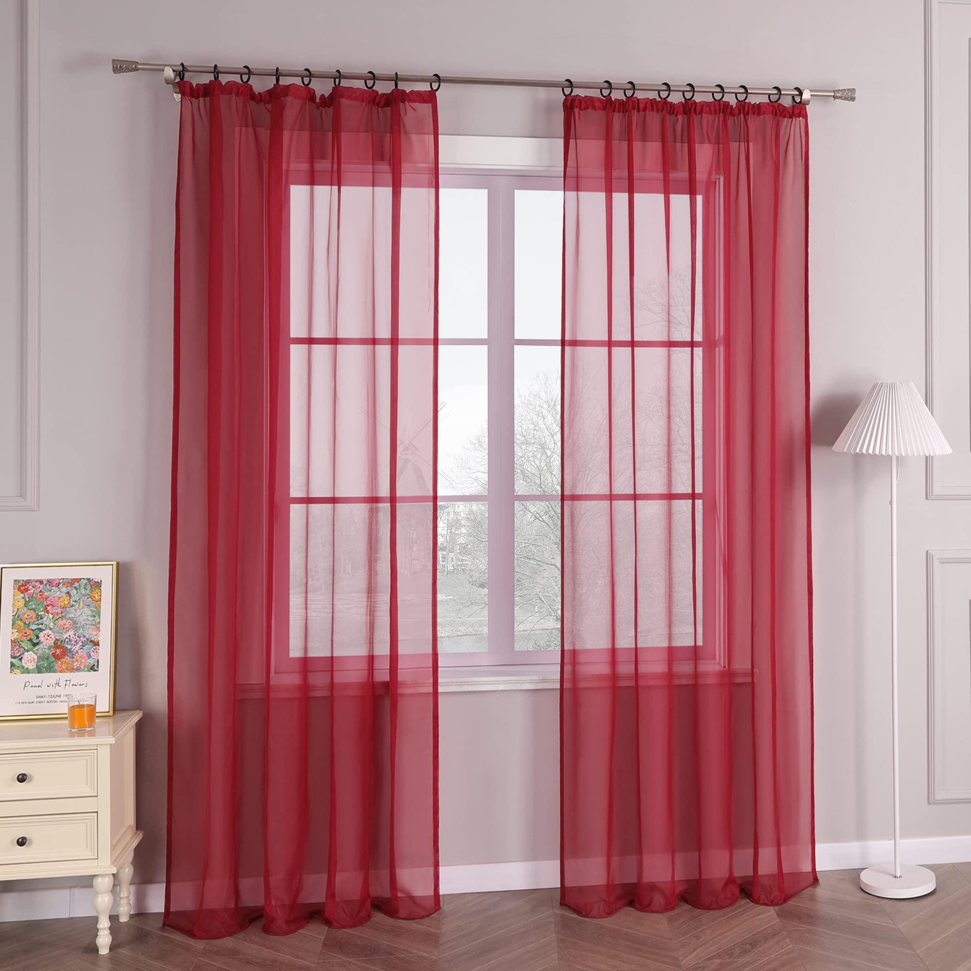 HongYa 1 Piece Plain Net Curtain with Ruffle Tape Easy Installation Transparent Decoration for Living Room Bedroom Window Simple and Natural Burgundy H 245/145 cm - Image 2