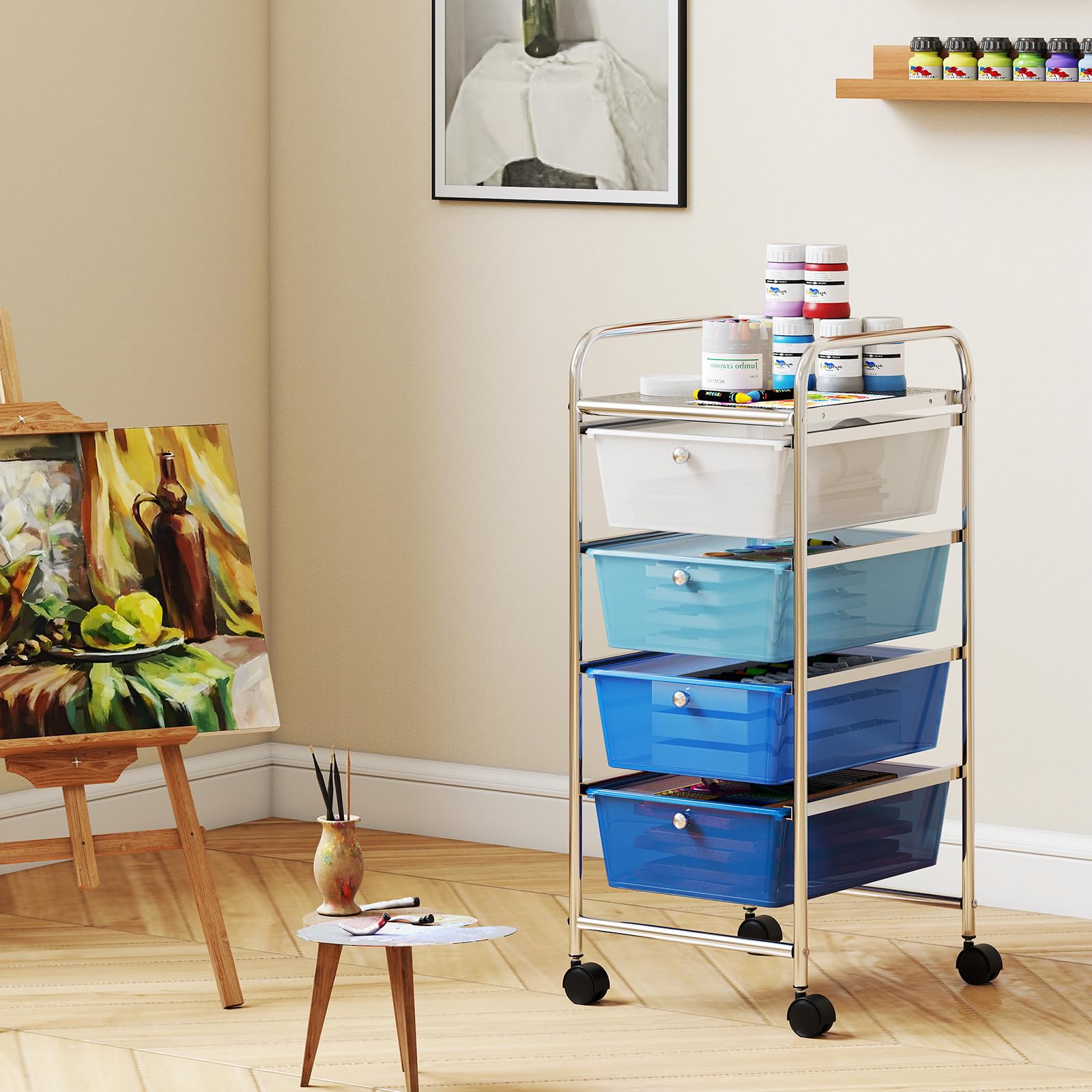 COSTWAY Chariot de Rangement à roulettes avec 4 Tiroirs Plastiques Amovibles, Tour de Rangement à roulettes, Cadre en Métal, Desserte pour Cuisine, Salle de Bain, École (32x37x76cm,Dégradé Bleu)