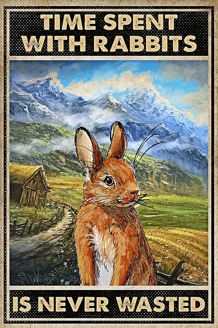 Kisoyo Rabbit Vintage Metal Tin Sign Time Spent With Rabbits Is Never Waste Wall Decor Decorative Home For Bedroom Gift For Friend And Relative Easter Wall Decor 8X12 Inch