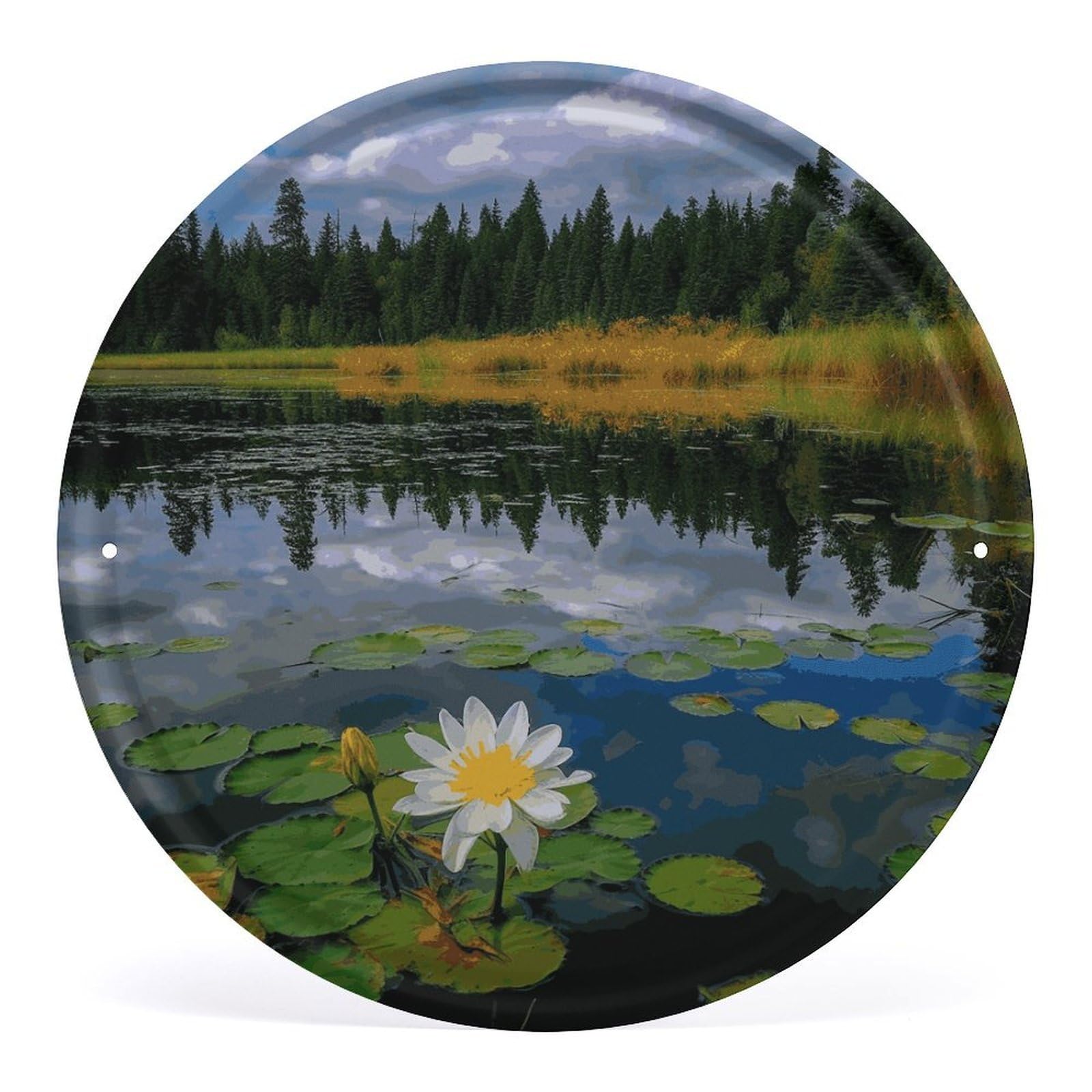 Fodpand Style Flower Lake Pond Reflection Round Wall Art Hanging Decorations, Wall Decor Modern Minimalist Artwork, Tin Sign Hanging Picture For Living Room, Bedroom, Office, Hallway, 11.8X11.8 Inch