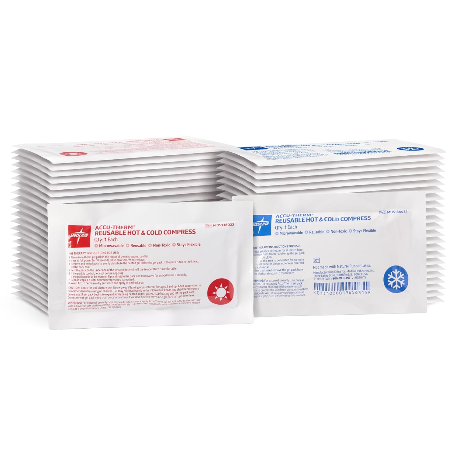 Medline Accu-Therm Reusable Hot/Cold Gel Packs, 3” x 5”, Soft & Flexible, for Injuries, Fast Relief, Recovery & Muscle Soreness - Pack of 48