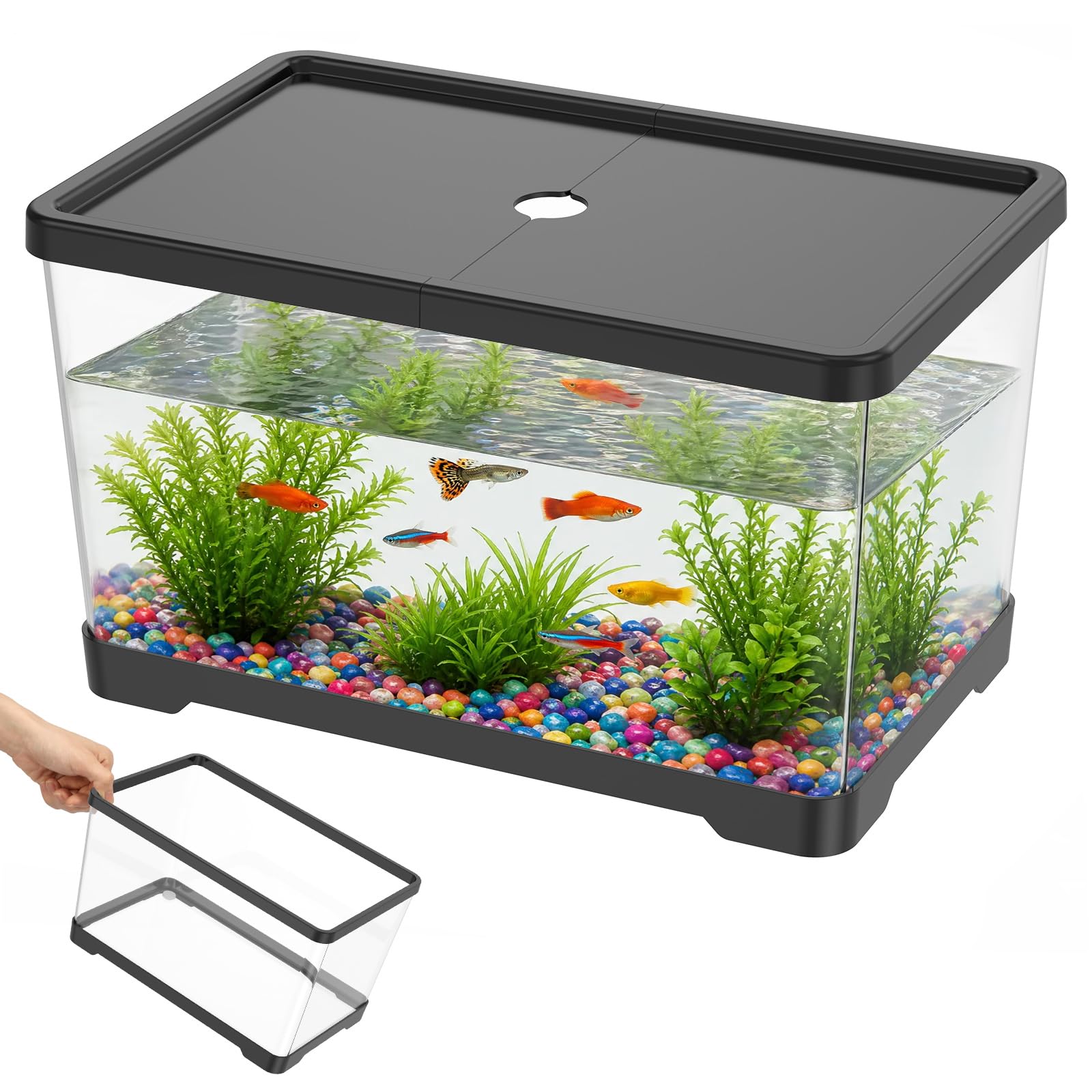 Aquarium Tank, 30x19.5x17.5cm Desktop Glass Fish Kit with Lid, Small Turtle Aquarium for Goldfish, Betta, Shrimp(Black)