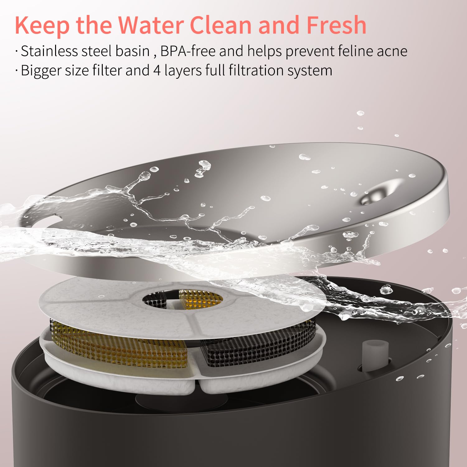 beQ Foblackuntain - Dispenser automatico per acqua per gatti, 2,5 l, in acciaio inox, ultra silenzioso, senza BPA, livello dell'acqua visibile, con filtro di grandi dimensioni, adatto per gatti e cani
