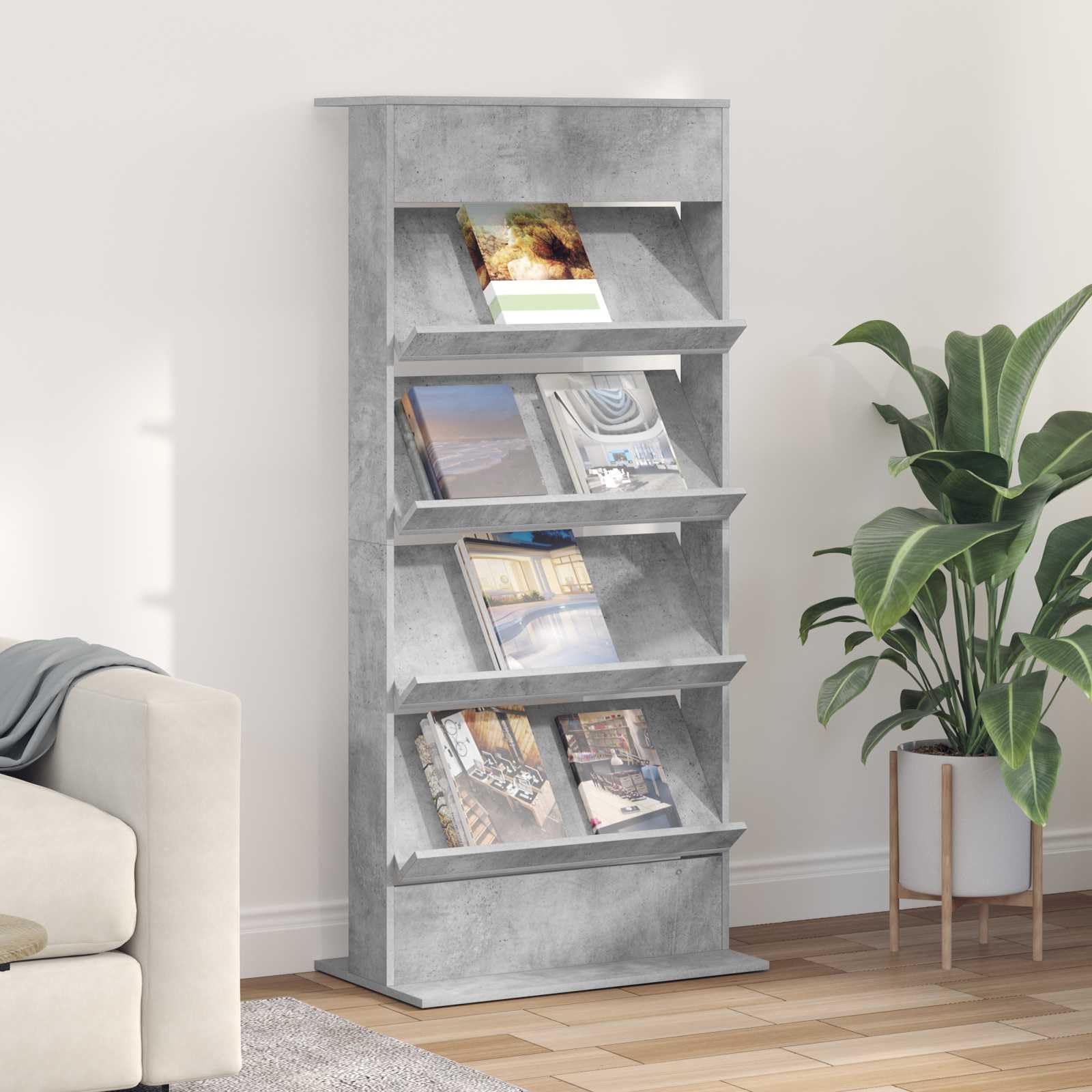 Scaffale portariviste in legno grigio cemento, 70 x 41 x 156 cm, con 4 ripiani autoportanti, per soggiorno, ufficio, camera da letto, spazio per gestione dei cavi
