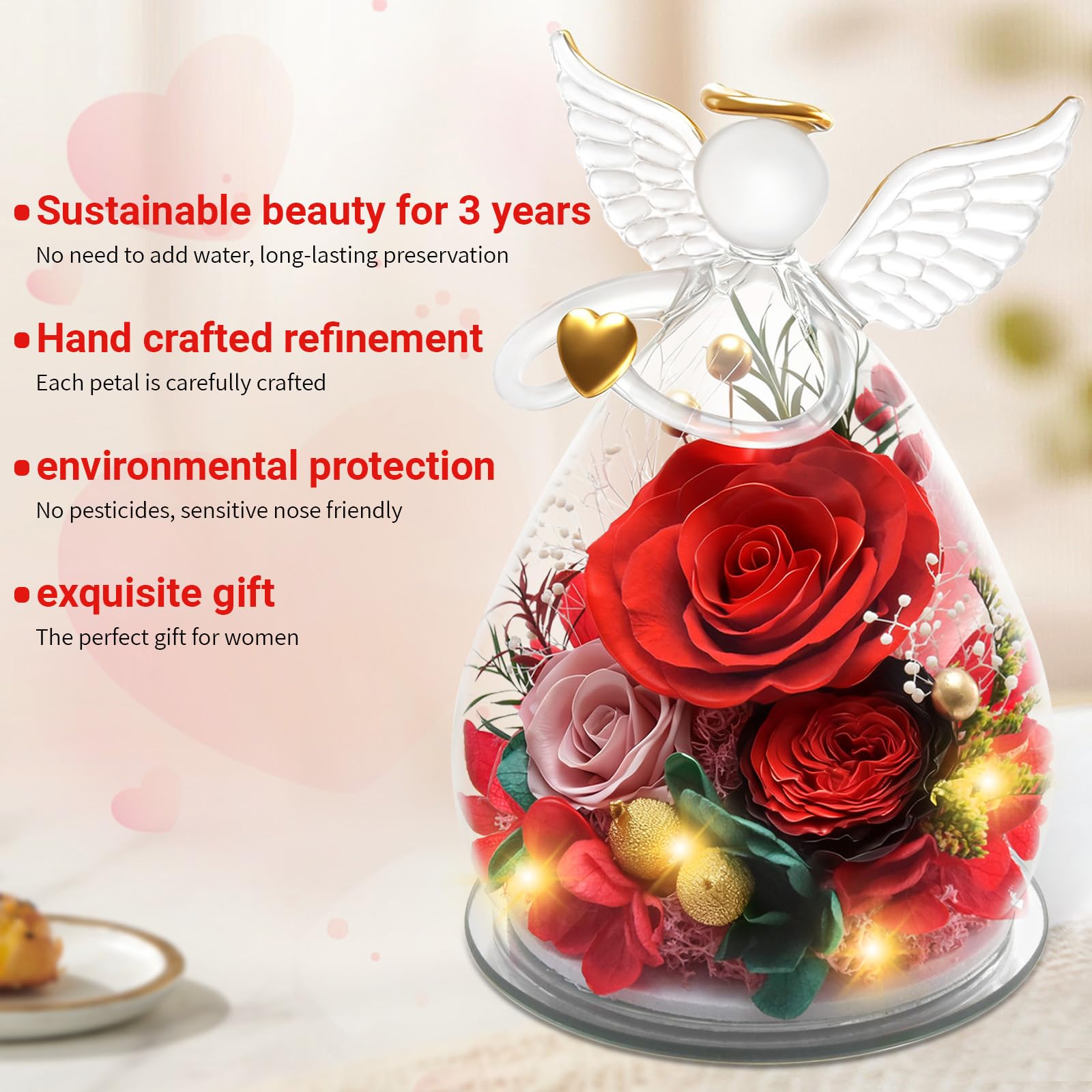 Figurine d'ange éternelle - Cadeau pour femme, maman, épouse - Anniversaire, Noël - Fleur éternelle avec éclairage LED (rouge et rose)
