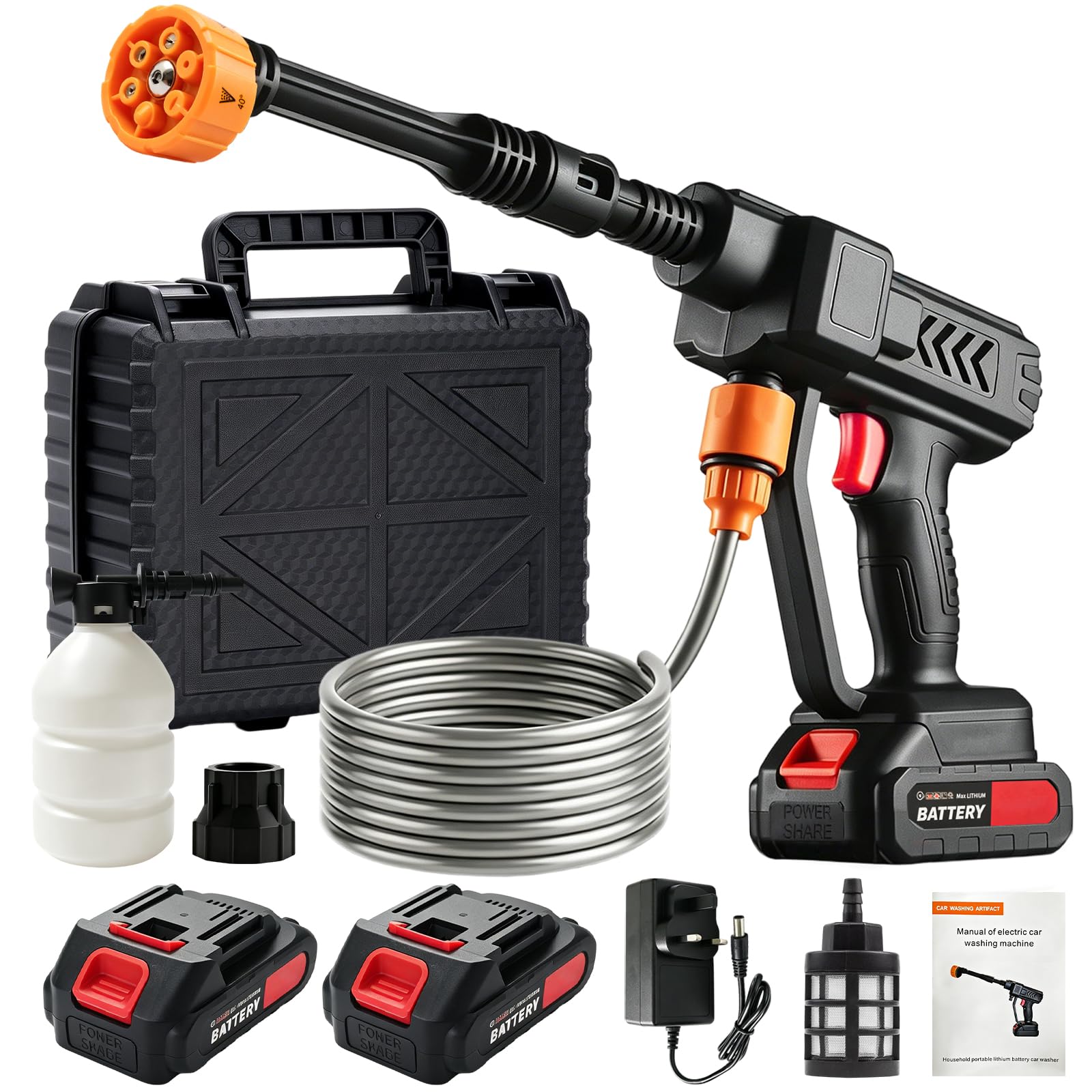 Cordless Pressure Washer With 2 Batteries, 6 in 1 Portable HandHeld Battery Power Jet Wash Pro Kit From Bucket or Plastic Bottles For Car Garden Patio Floor Cleaning with 5M Hose & Storage Box