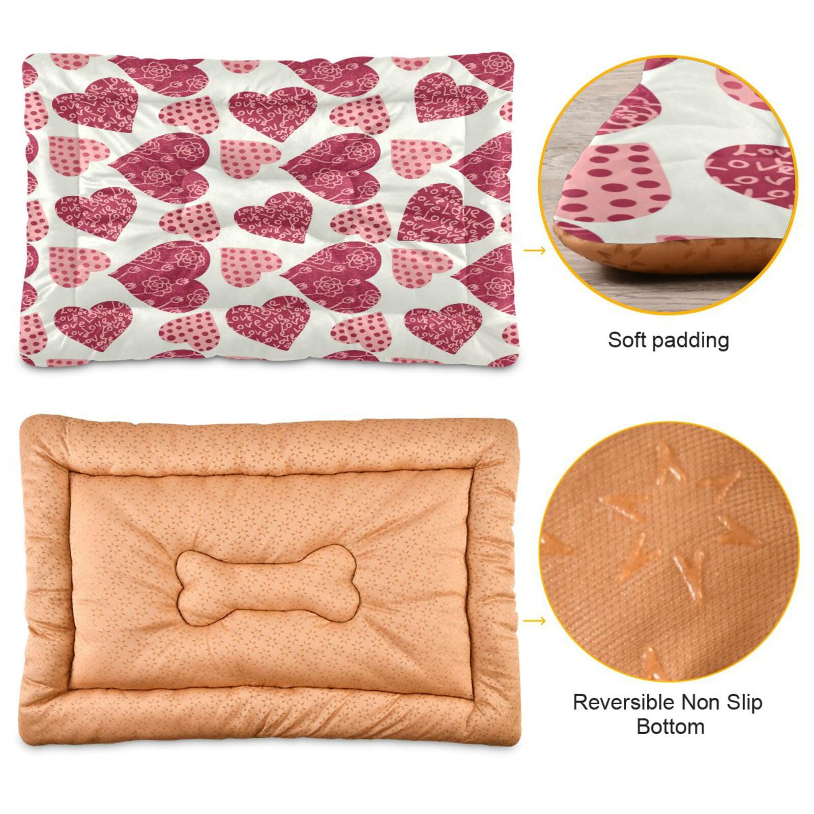 YETTASBIN Valentine's Day Heart Crate Pet Bed, Portable Washable Dog Cat Mat, Soft Comfortable Pet Mattress with Non-Slip Bottom for Dogs Cats Sleeping, 36 x 24 Inch