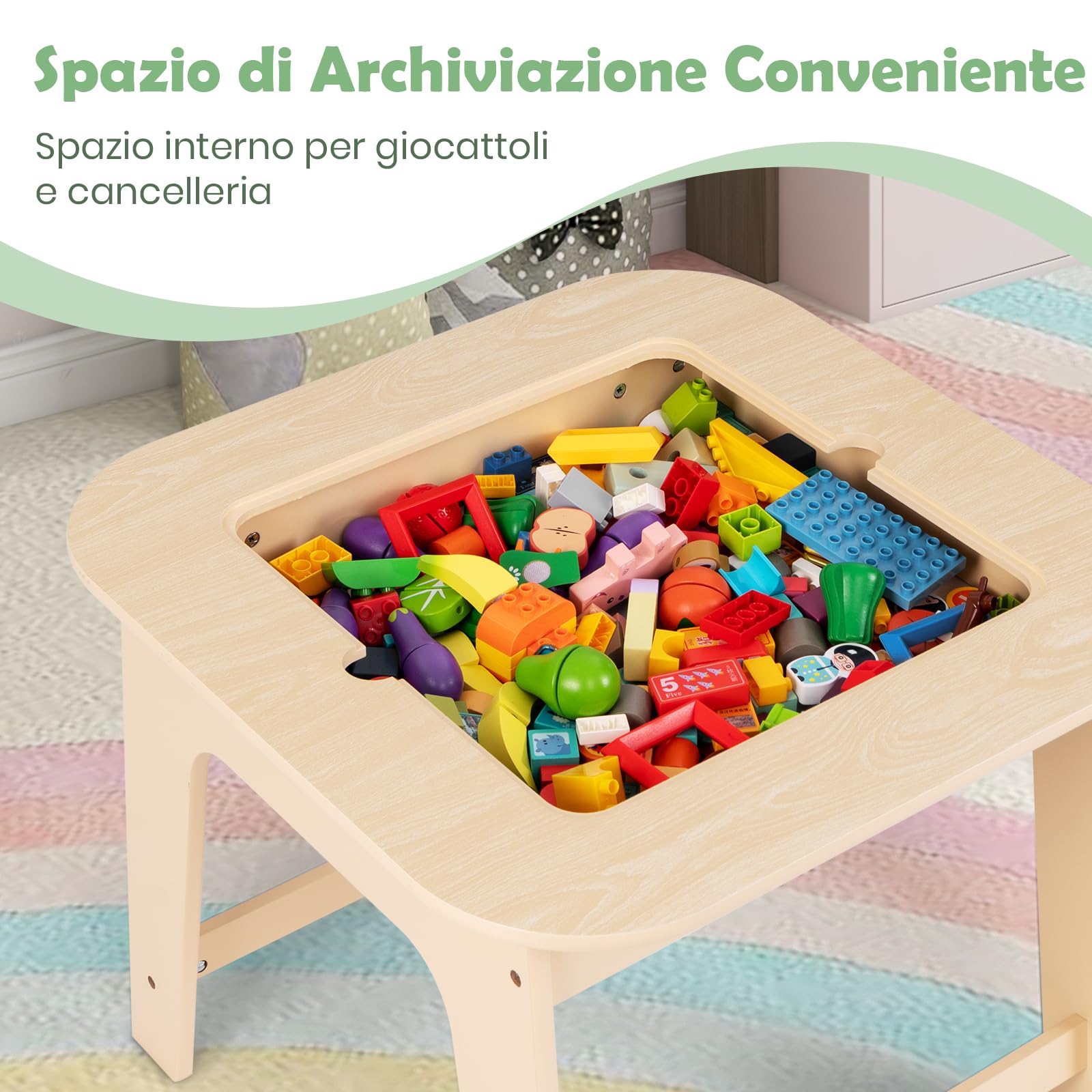 RELAX4LIFE Set Tavolo e 2 Sedie per Bambini, con Lavagna a Doppia Faccia e Spazio per Giocattoli, Tavolino Multiattività in Legno con 2 Sedie per Bambini da 3-6 Anni, per Cameretta (Naturale)