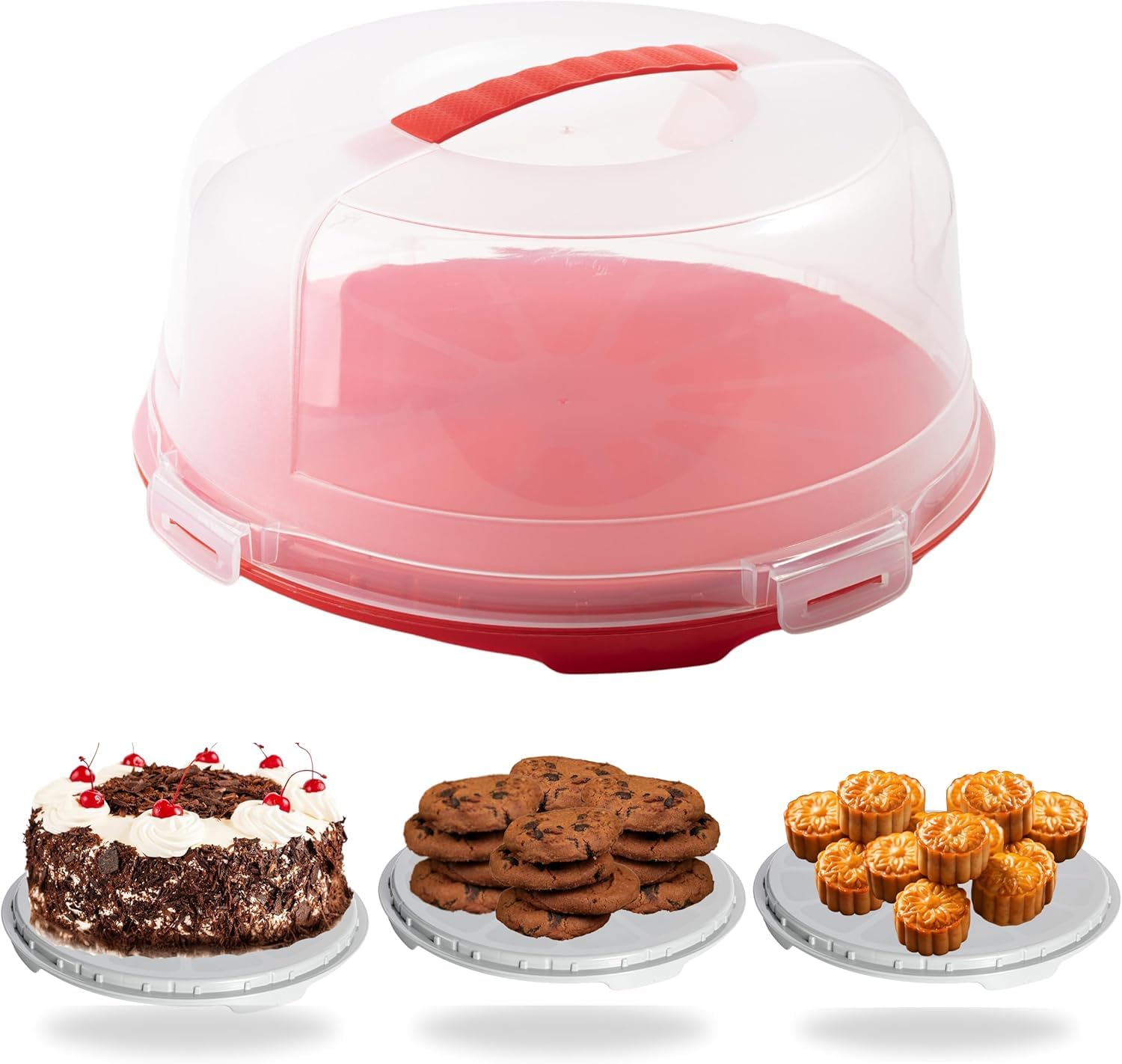 Buzztrove - Large Size | Cake Carrier with Handle | 30cm Tall Cake Storage Container with Airtight lid | Cake Storage Box with 4X Locking Lid for Cakes, Cupcakes, Pies & Pastries. (Red)