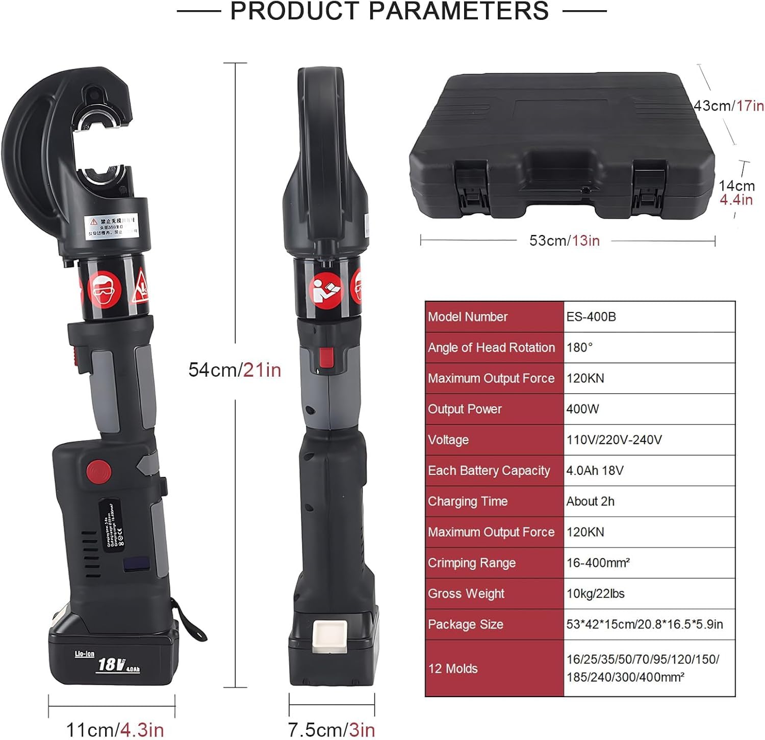 Alicates De Engaste De Terminales de Cable Inalámbricos Recargables, Herramienta de Engaste Hidráulica Eléctrica, Batería de Engastadora Hidráulica, 12 Matrices, 16-400 Mm²