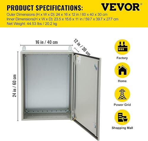 Miniatura 7 de VEVOR NEMA 4 - Carcasa eléctrica, 24 x 16 x 12 pulgadas, carcasa para exteriores, IP65 impermeable y a prueba de polvo, acero al carbono laminado en