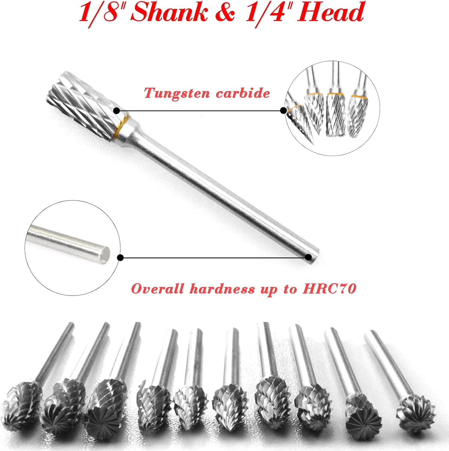 Carbide Rotary Burr Set - BIGOU 10PCS Double Cut Carving Burr Bits Tungsten Carbide 1/8" Shank 1/4" Grinding Head for DIY Carving Metal Polishing Engraving Drilling thumbnail