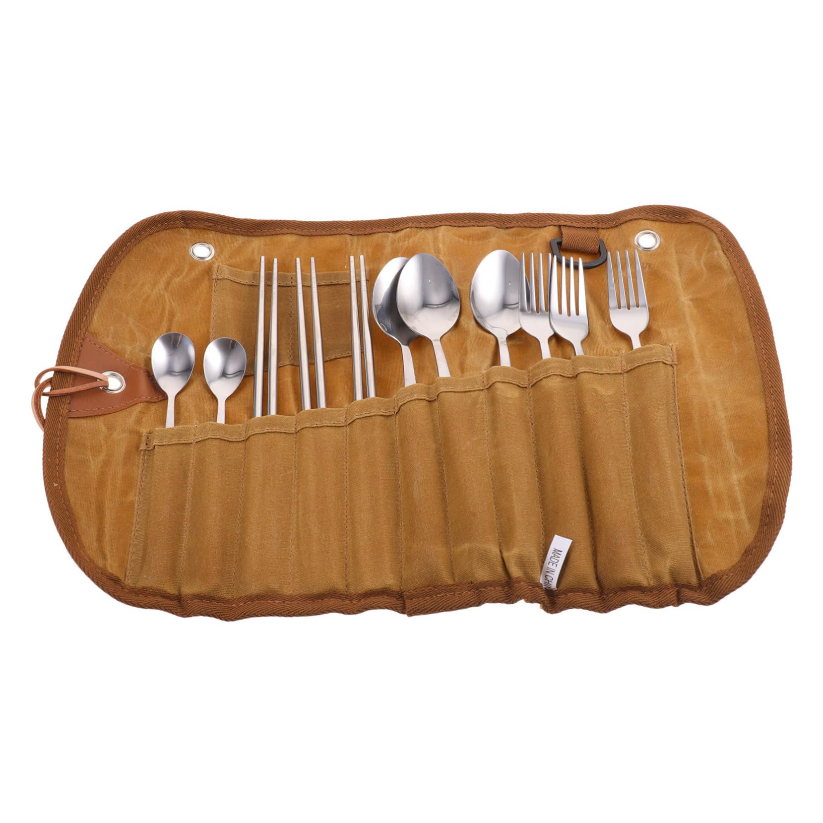 1 Set custodia per posate Forniture da campeggio borsa porta posate custodia per stoviglie per il campeggio utensili da picnic multifunzionali Acciaio inossidabile Marrone