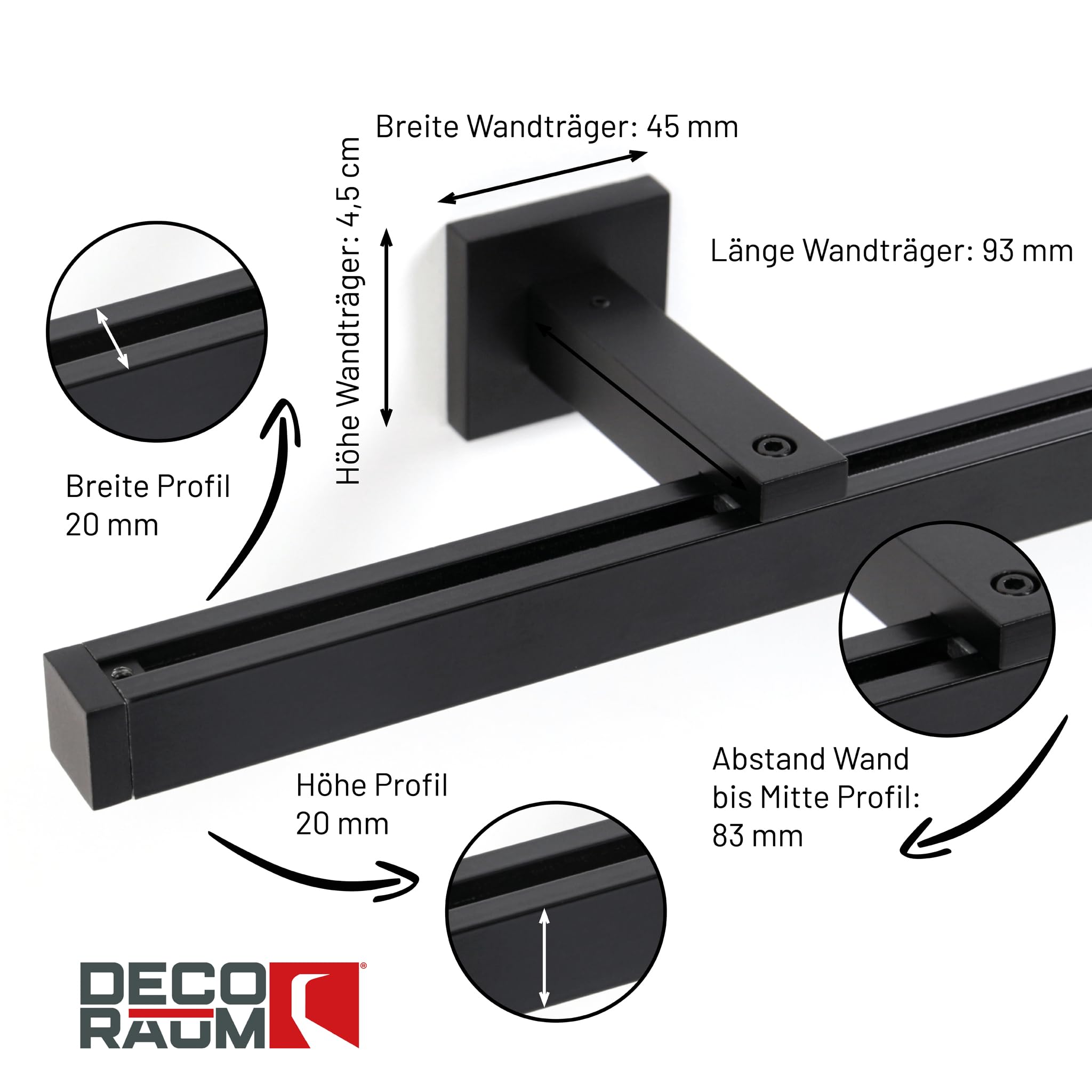 Deco-Raum Gardinenschiene Innenlauf eckig Cube 20x20 mm Schwarz matt, 130 cm, Wandmontage, auf Maß, Flächenvorhang geeignet