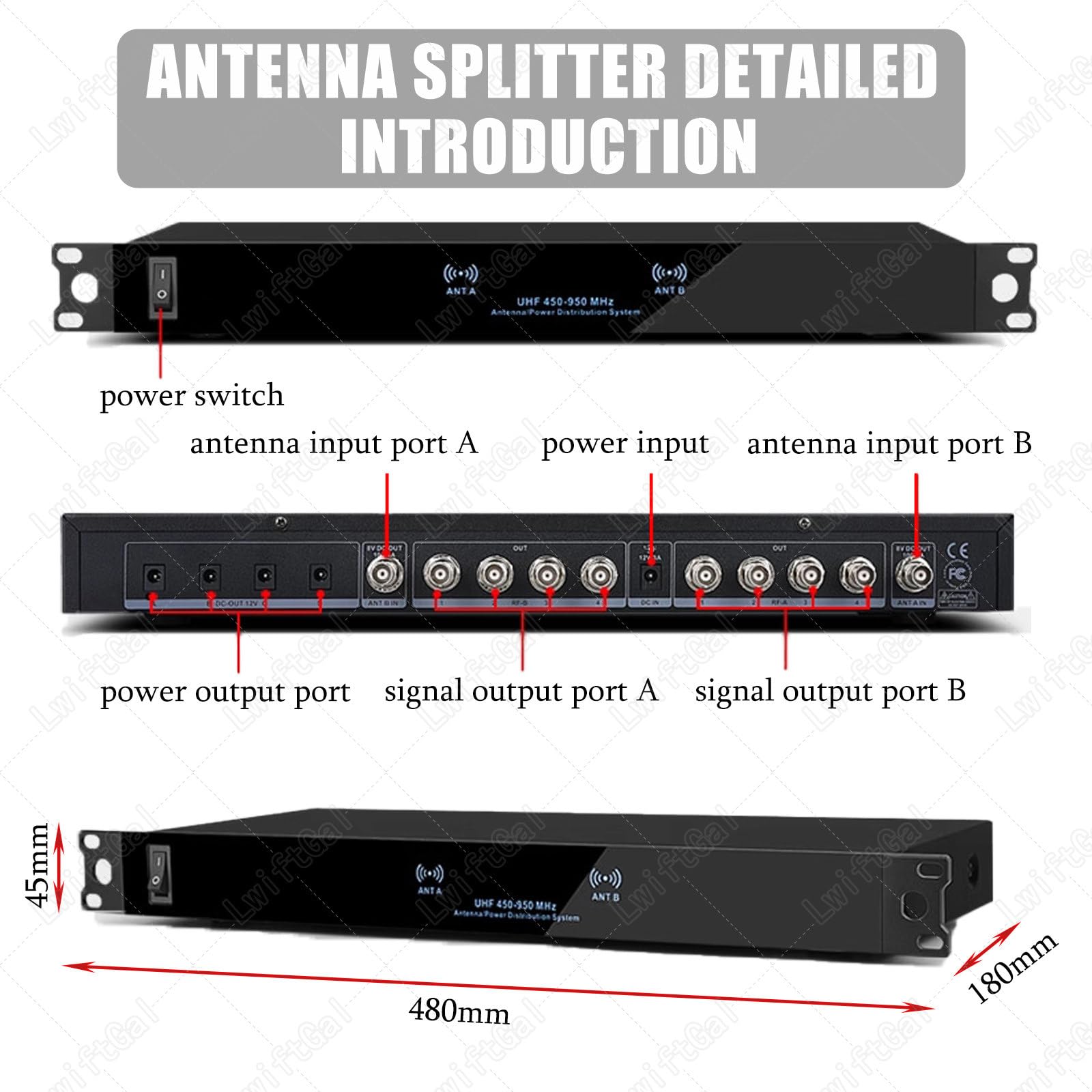 Amplificatore di Segnale per Microfono Wireless, Distribuzione Dell'Antenna Uhf, Ingresso 8/16, Gamma di Frequenza 450-950 MHz, con 2 Palette per Antenna Direzionale Attiva 16Input