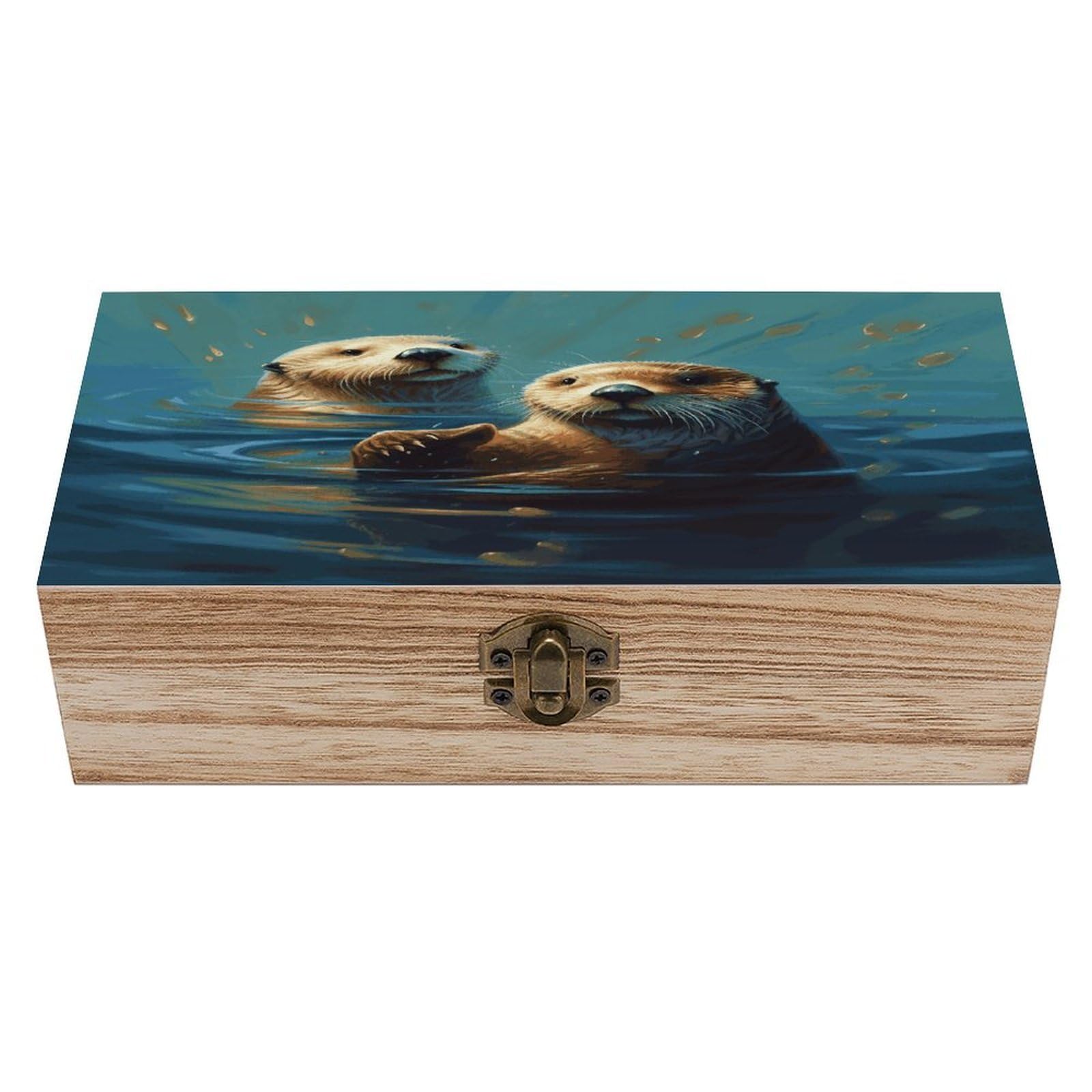 FekiLoot Sea Otters Painting Wooden Jewelry Box Personalized Wood Keepsake Box Large Decorative Wooden Storage Boxes with Hinged Lid Rustic Style Wood Jewelry Organizer for Desk Home Office