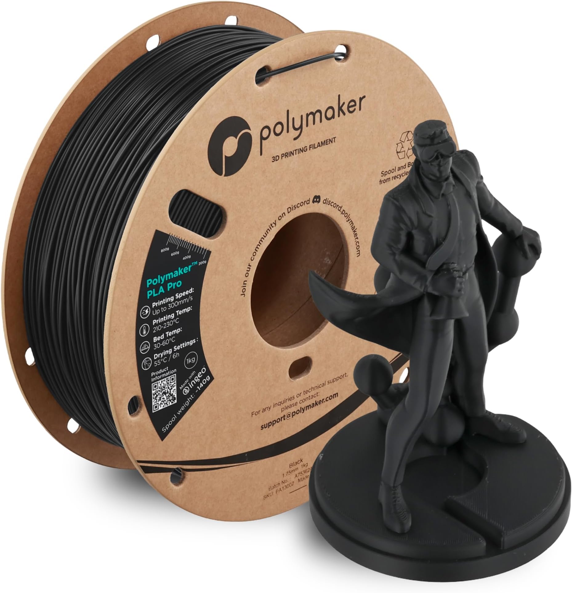 Polymaker PLA Pro 3D Printing Filament Black 1.75mm 1KG, High-Impact Tough PLA, Fast Printing up to 300mm/s, High Speed New Formula, Easy to Print on Most FDM Printers, No Enclosure Required