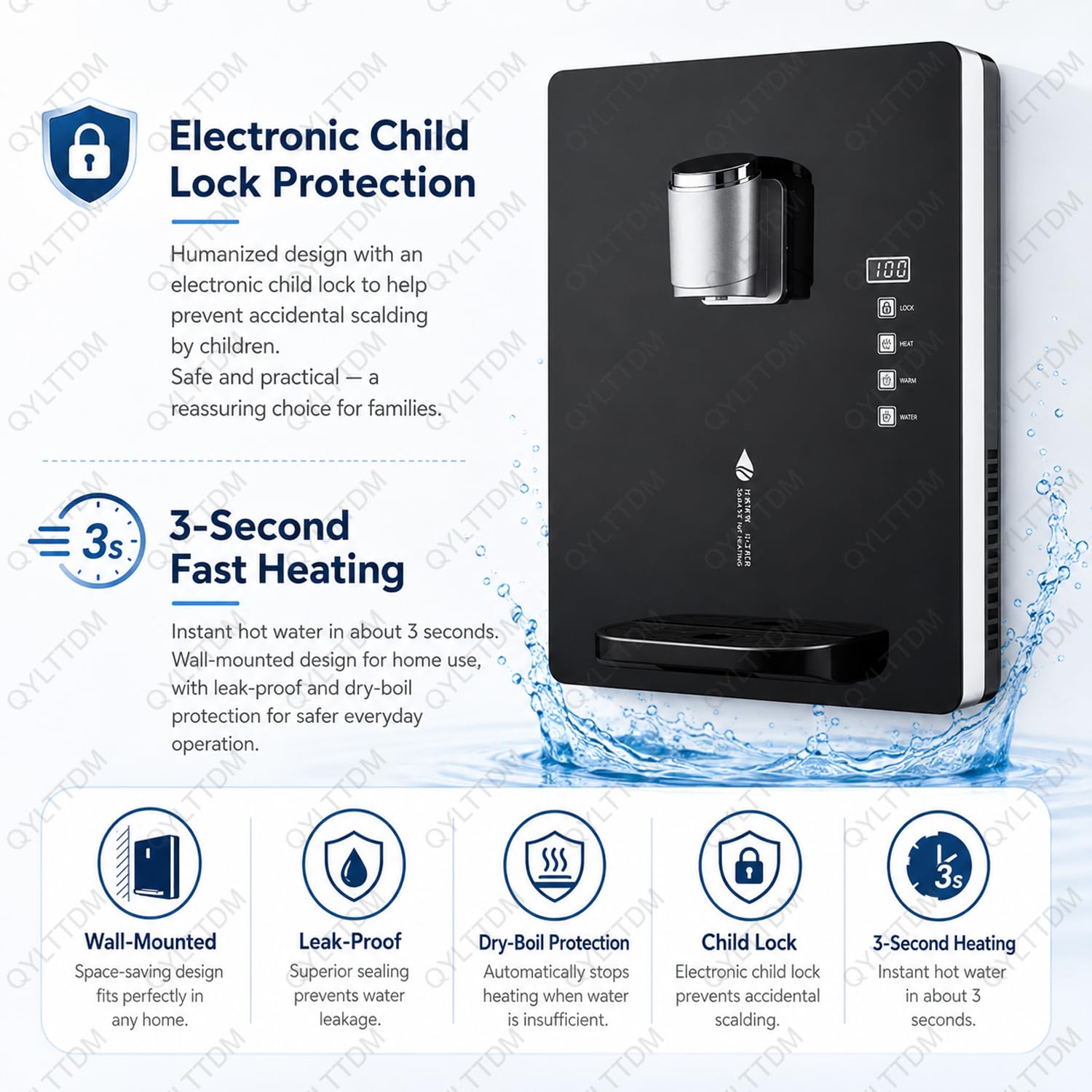 Dispensador de agua caliente instantáneo, montaje en pared de 2200 W, 30 l/h, pantalla táctil inteligente, bloqueo infantil, 0.1-0.4 MPa, caliente y fría