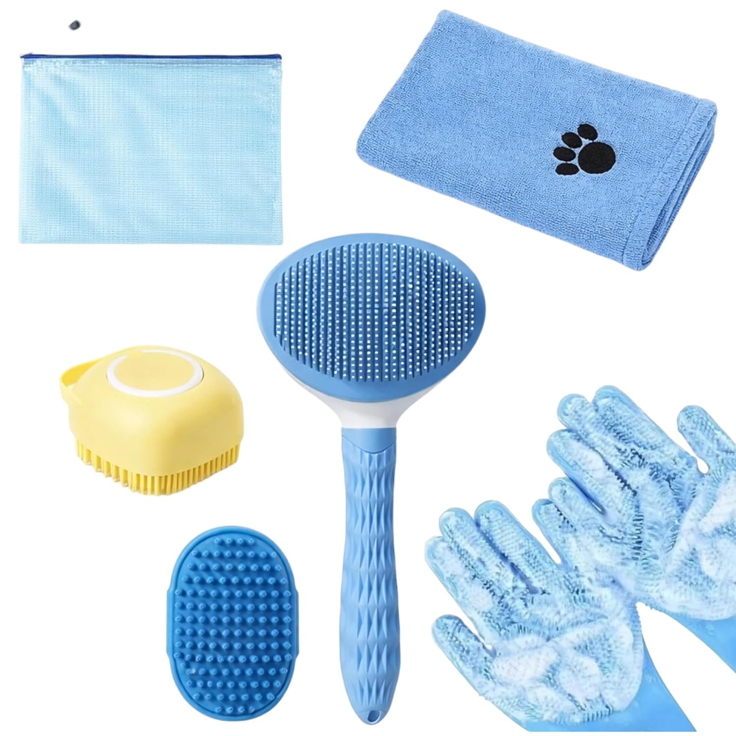 Pet Grooming Kit for Dogs & Cats - Deshedding Brush, Bath Scrubber, Gloves & Towel - Complete Home Grooming Set (Pink & Blue) (PINK)