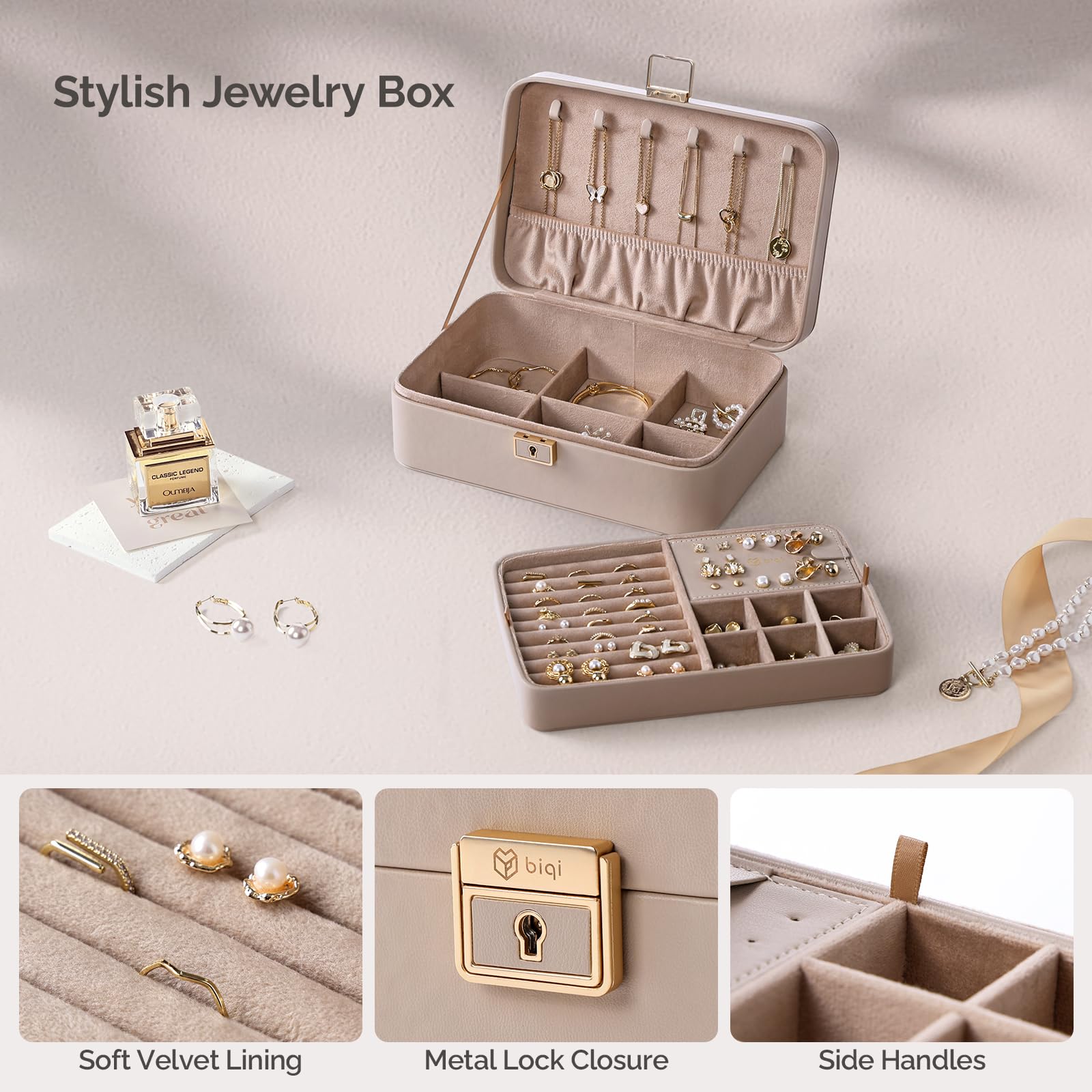 Joyero de 2 capas, organizador de joyas de piel sintética con cerradura, bandeja de joyería extraíble, almacenamiento de joyas para aretes, collares, anillos, regalo ideal para mujeres,