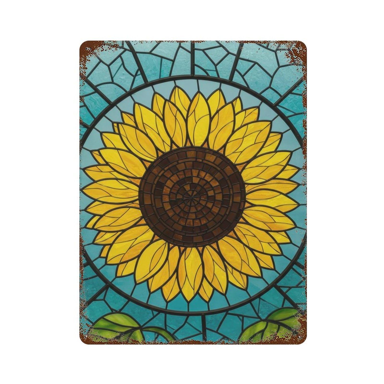 Rust Effect Stained Glass Sunflower Rusty Metal Tin Sign 15.7"x11.8", Farmhouse Wall Decor for Shed, Workshop And Garage Wall Decor