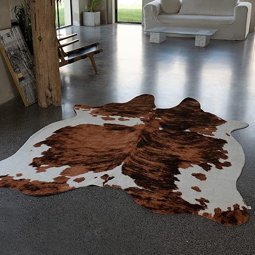 Miniatura 5 de rugoo Alfombra de piel de vaca de 6.3 x 7.9 pies, alfombra de piel sintética tricolor, alfombra de piel sintética con estampado de vaca, alfombra de