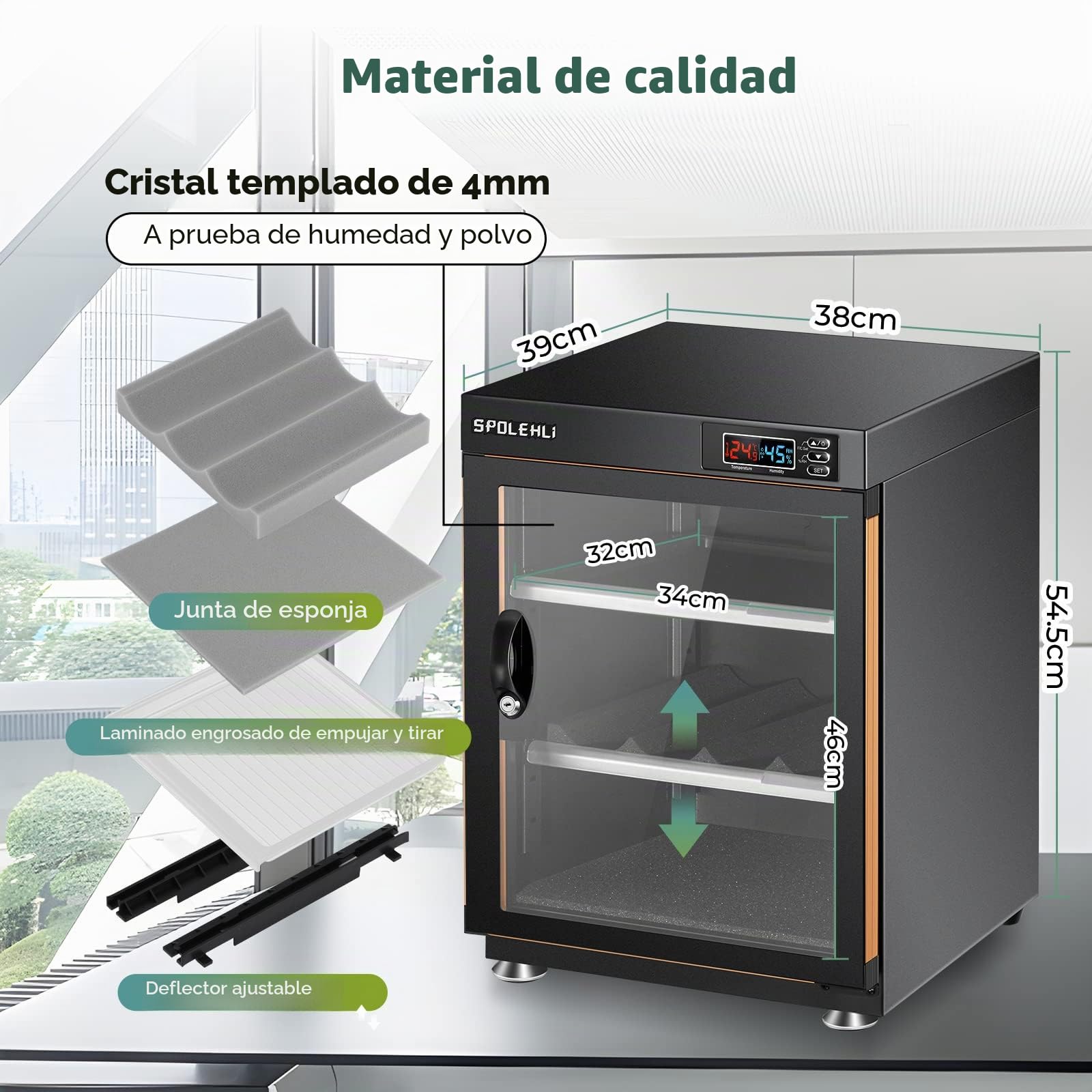 Armario de secado para cámaras Spolehli Armario de secado electrónico de 70 litros con control digital y luz LED para el almacenamiento de equipos electrónicos y objetivos de cámaras.