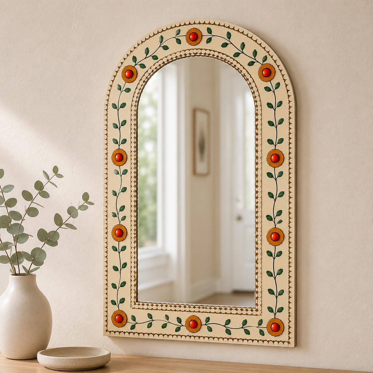 American Elm Arch Jharokha Acrylic Mirror Wall Hanging Panel for Home Decor and Vanity Indian Floral MDF Mirror Wall Decor Ready to Hang-image-25