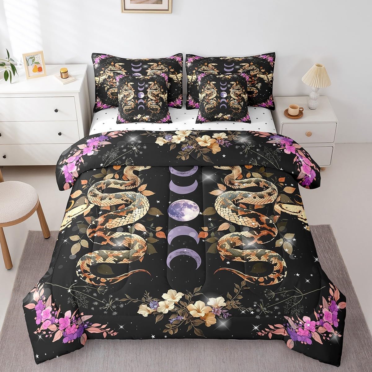 Gothic Snake Moth Reversible Comforter Set 7 Piece Full Size,Purple Moon Stars Galaxy Boho Bed Sheet Set Wild Animal Flowers Leaves Black Bedding Set with Comforter,Fitted & Flat Sheet