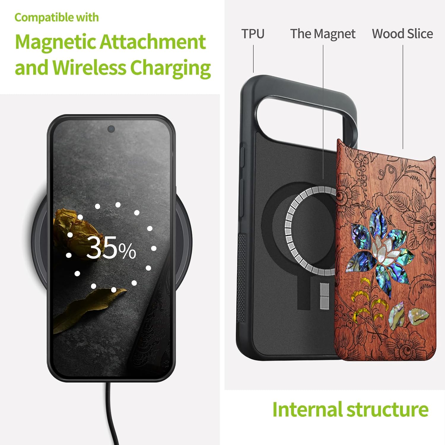 Carveit Magnetic Wooden Case for Google Pixel 10 Pro XL Case, Wood Artisan Engraved & Handmade Shell Inlaid, Compatible with MagSafe Wireless Chargers, Flowers and Leaves - Rosy