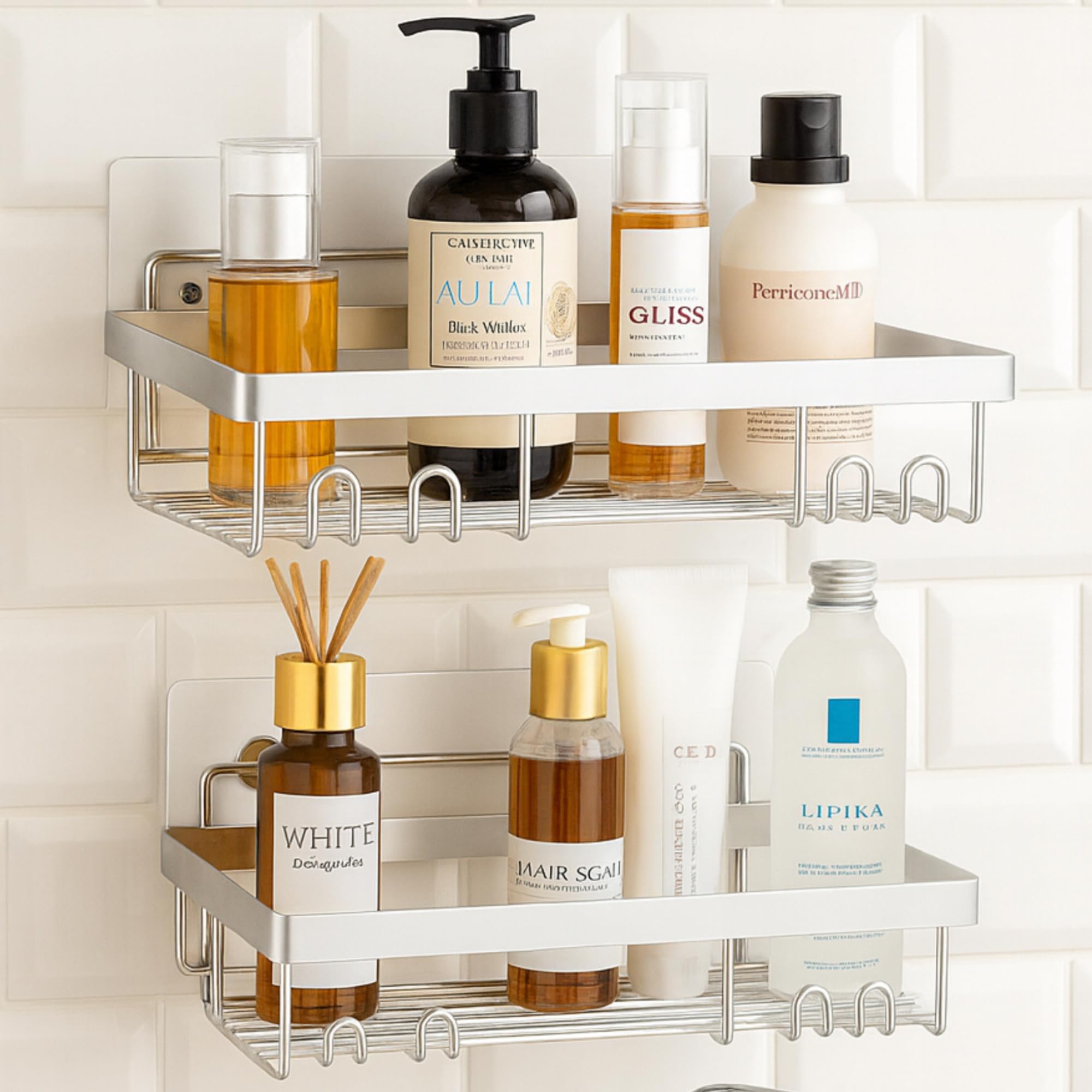 2 Pcs Self-Adhesive Bathroom Shelf for Wall/Shelf Organizer/Kitchen Shelf with Magic Stickers with Hooks/Towel Holder/Rack/Bathroom Accessories-Wall Mount (Chrome)-image-42