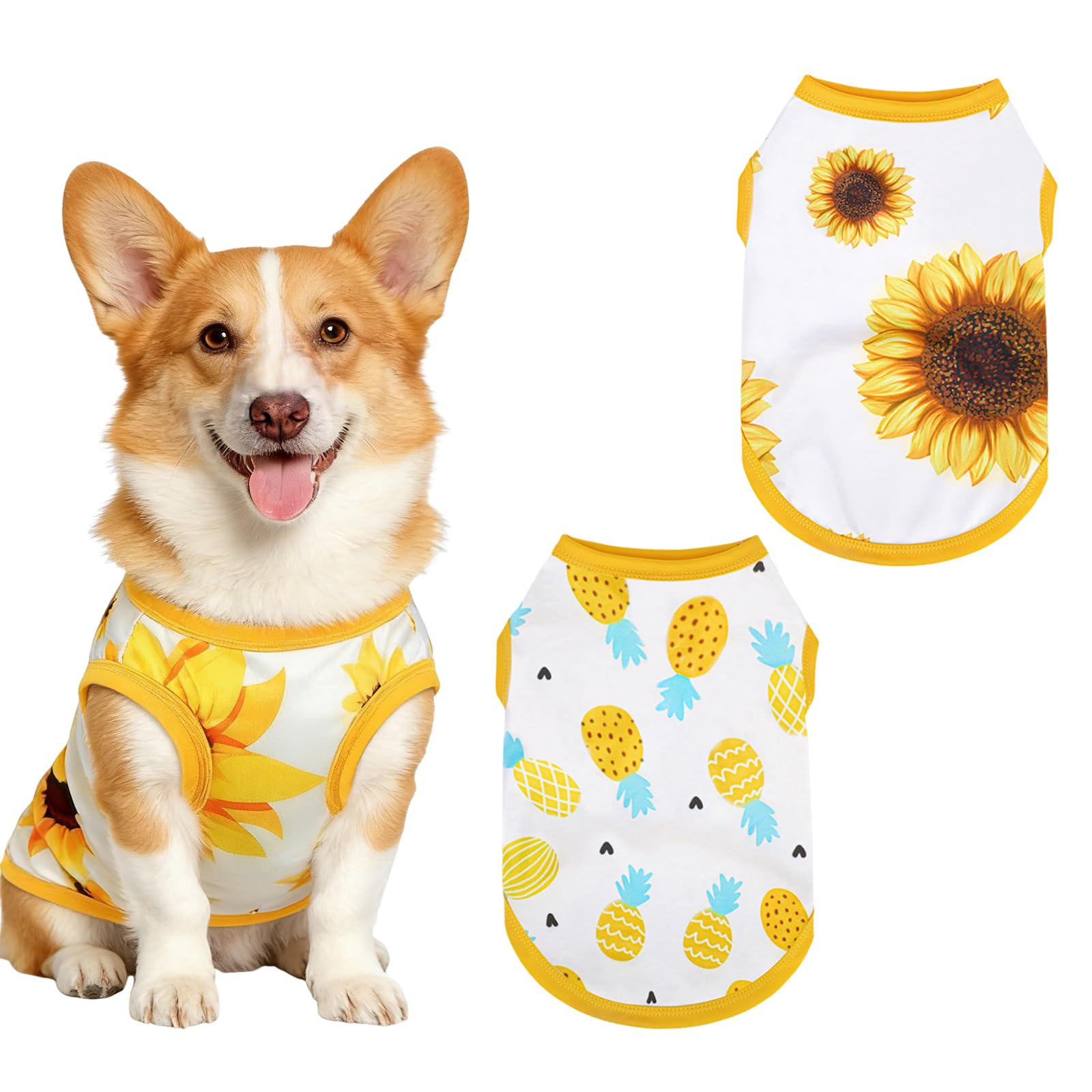 2 Pack Dog Shirt Tee Shirts Sleeveless, Cute Sunflower Pineapple Print Dog Vest for Small Medium Dogs, Soft Breathable Puppy Tank Top Tee for Girl Boy Spring Summer Clothes (Yellow tshirt, XL)