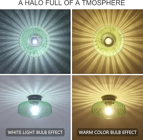 Miniatura 6 de Lámpara de techo semiempotrada, 11.8 pulgadas, luces de techo de cristal verde vintage, 1 luz de mediados de siglo, moderna lámpara para dormitorio,